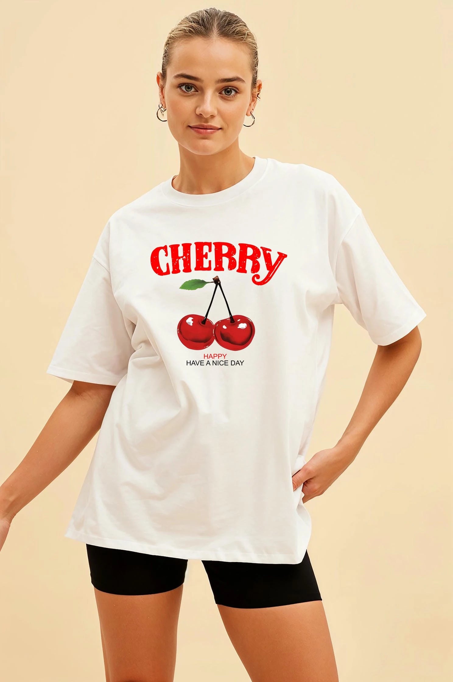 Cherry Cherries 5 Ön Baskılı Oversize t-shirt Erkek Kadın Pamuk Bisiklet Yaka tişort