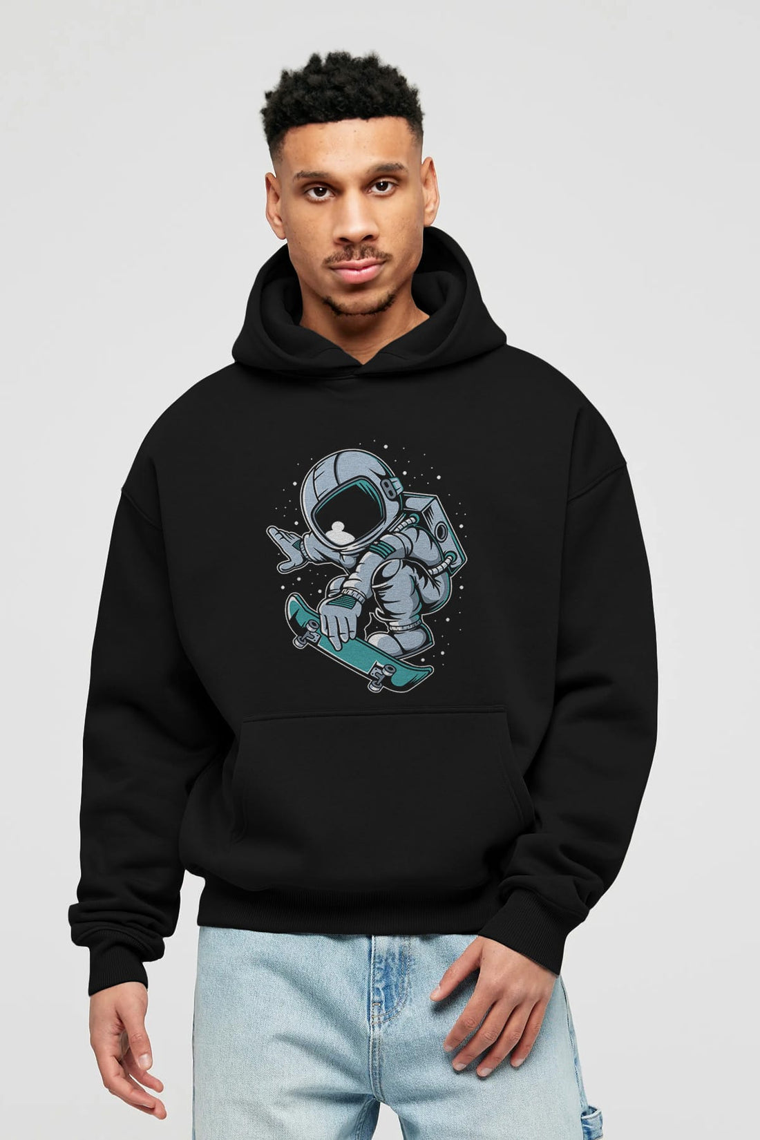 Astronaut Skateboard Jump Ön Baskılı Hoodie Oversize Kapüşonlu Sweatshirt Erkek Kadın Unisex