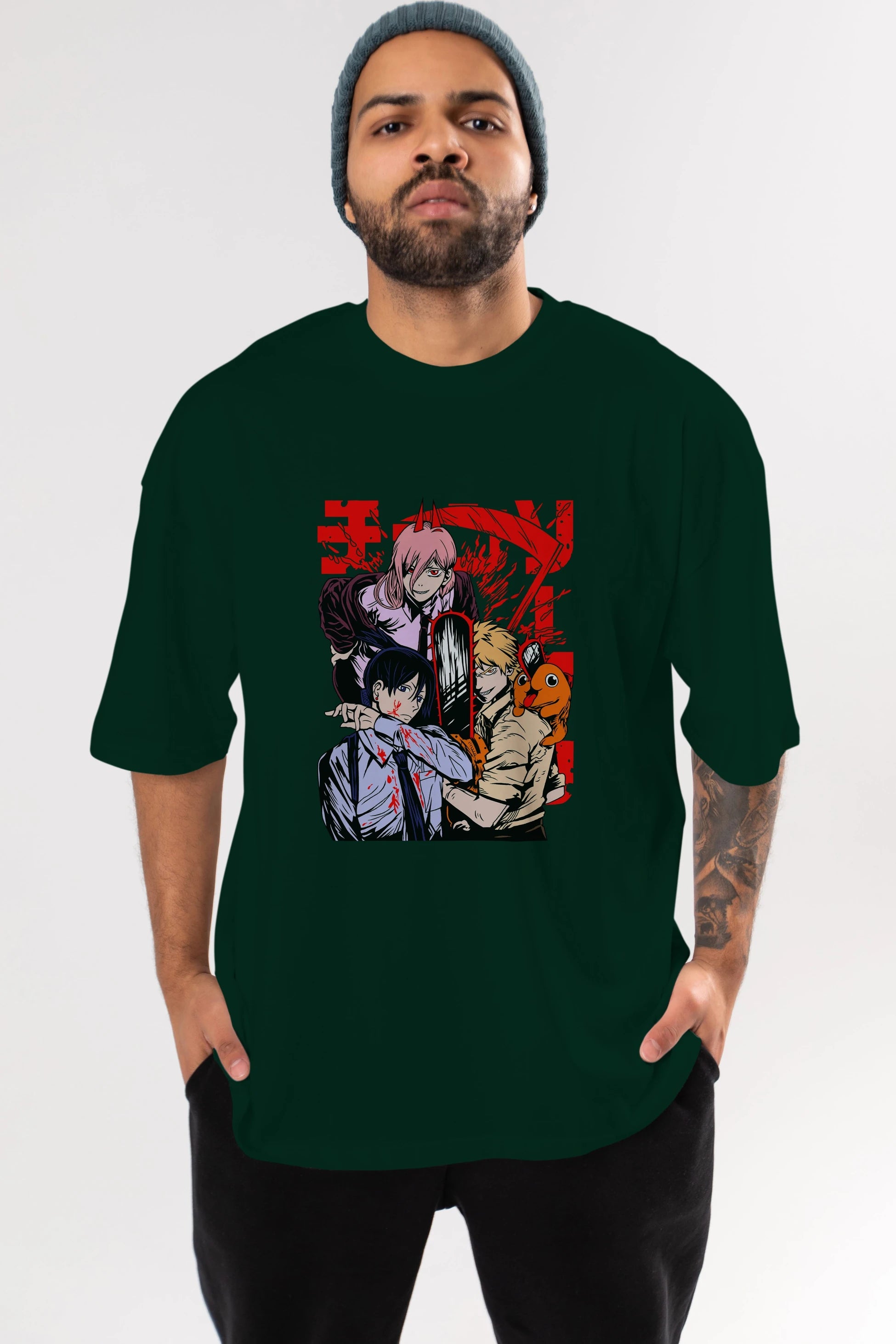 CHAINSAWMAN CREW Anime Ön Baskılı Oversize t-shirt %100 pamuk Erkek Kadın Unisex