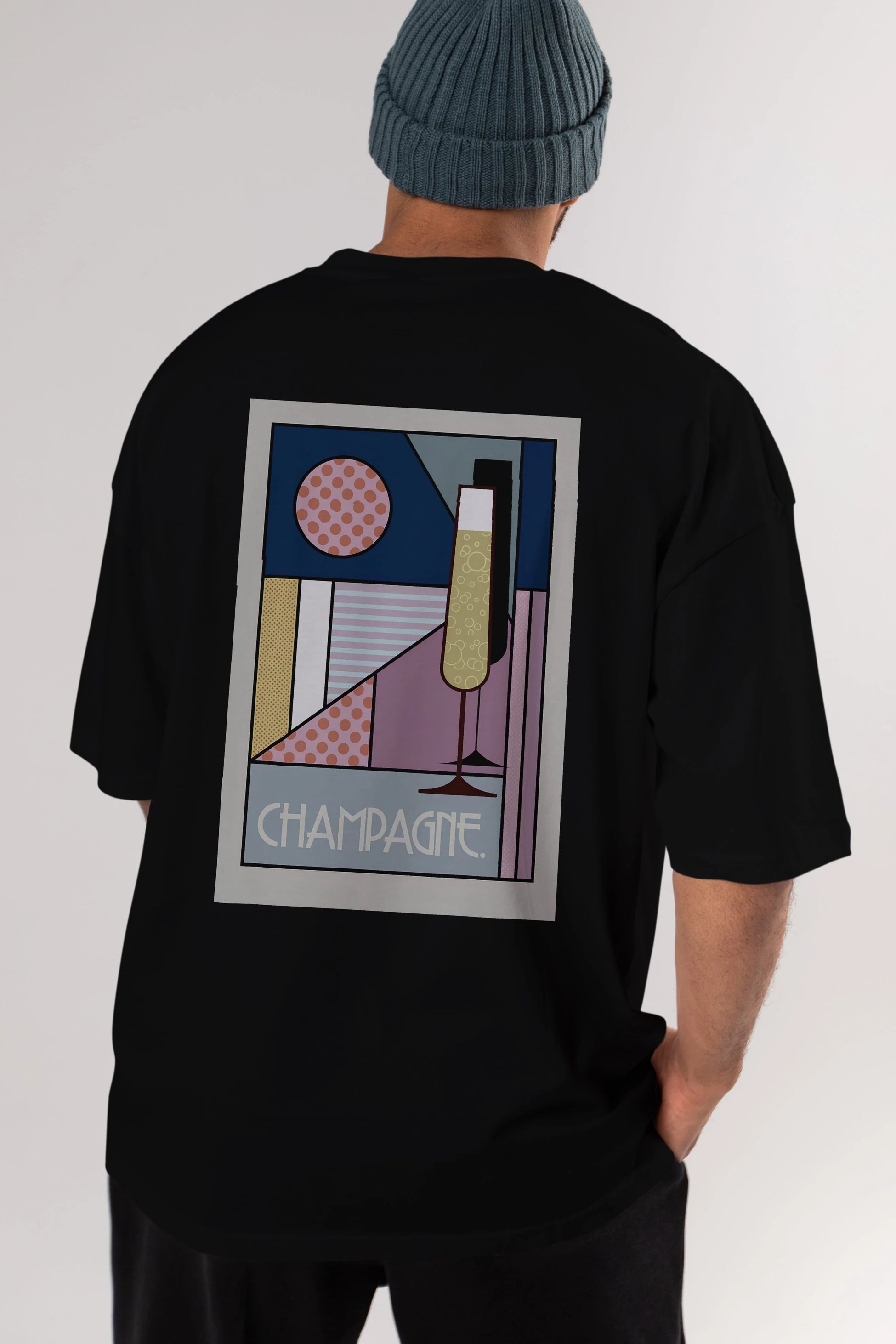 Champagne Arka Baskılı Oversize t-shirt Erkek Kadın Unisex %100 Pamuk Bisiklet Yaka tişort