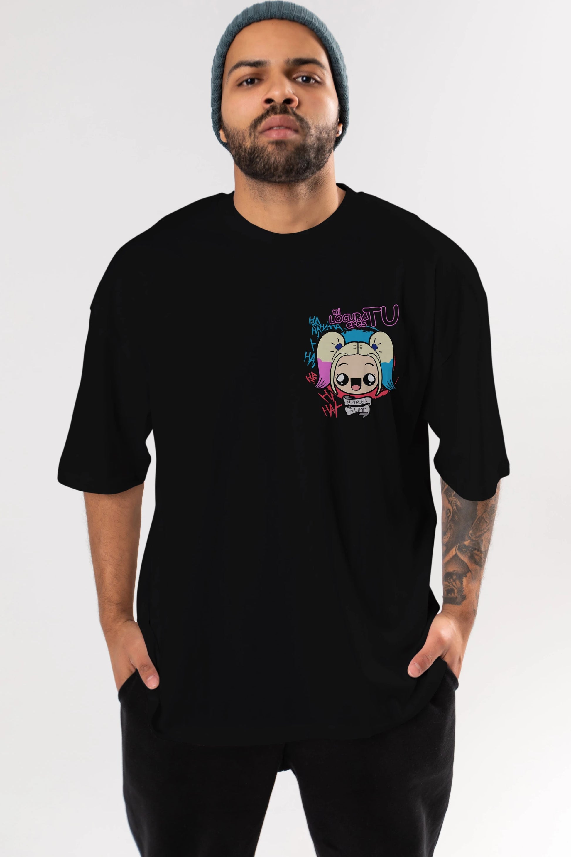 Harley Quinn Ön Sol Baskılı Oversize t-shirt Erkek Kadın Unisex %100 Pamuk Bisiklet Yaka tişort