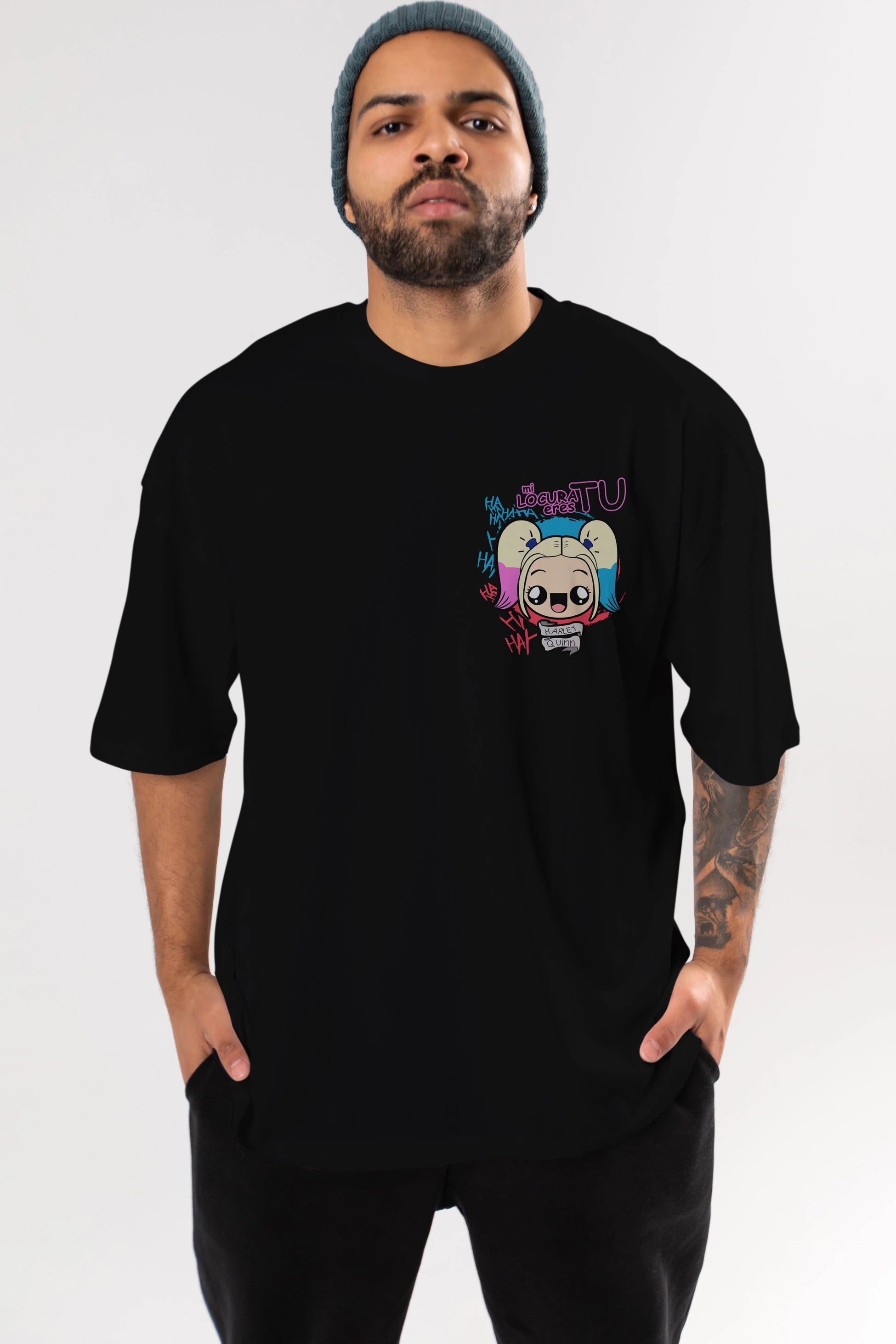 Harley Quinn Ön Sol Baskılı Oversize t-shirt Erkek Kadın Unisex %100 Pamuk Bisiklet Yaka tişort