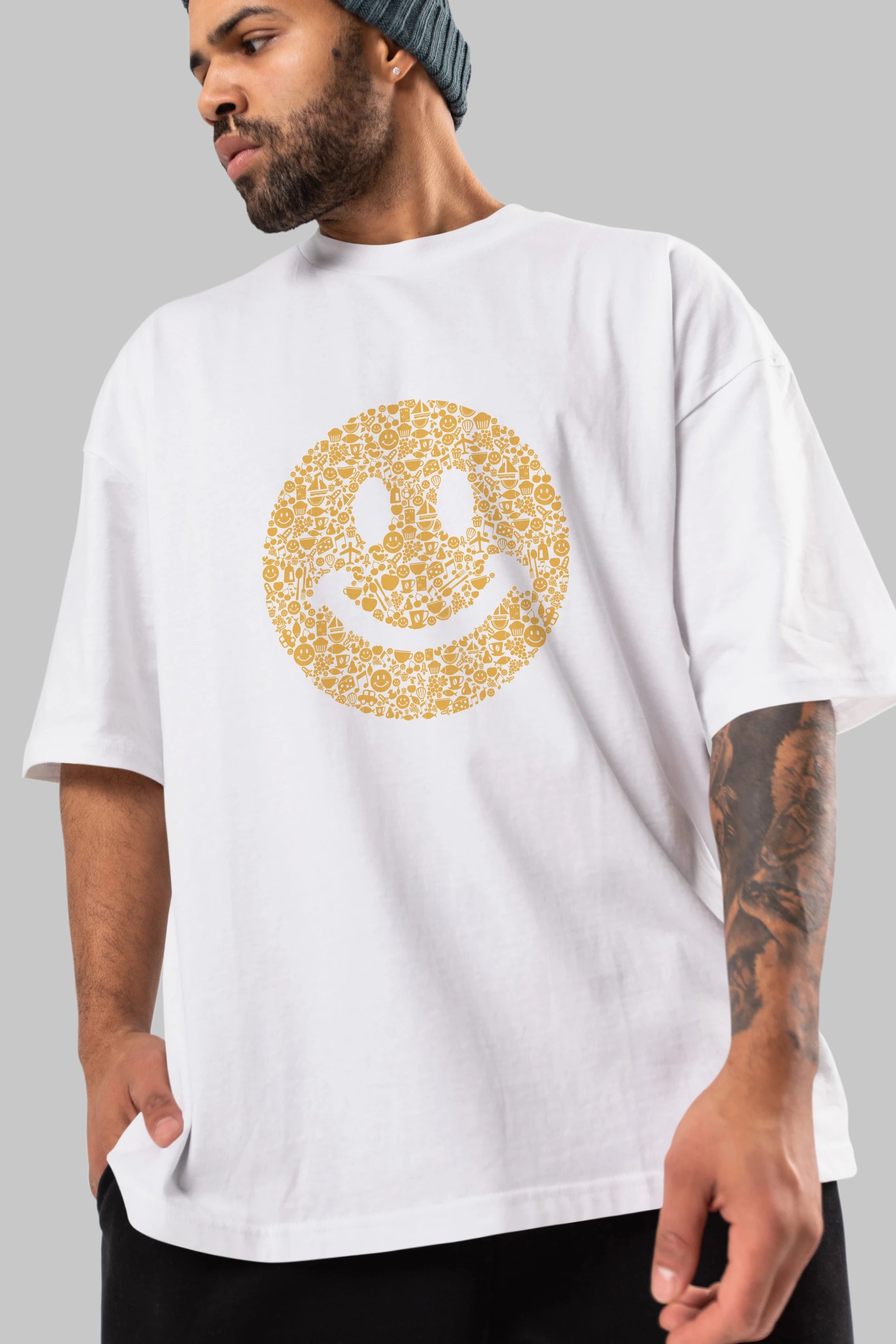 Smiley Ön Baskılı Oversize t-shirt %100 pamuk Erkek Kadın Unisex