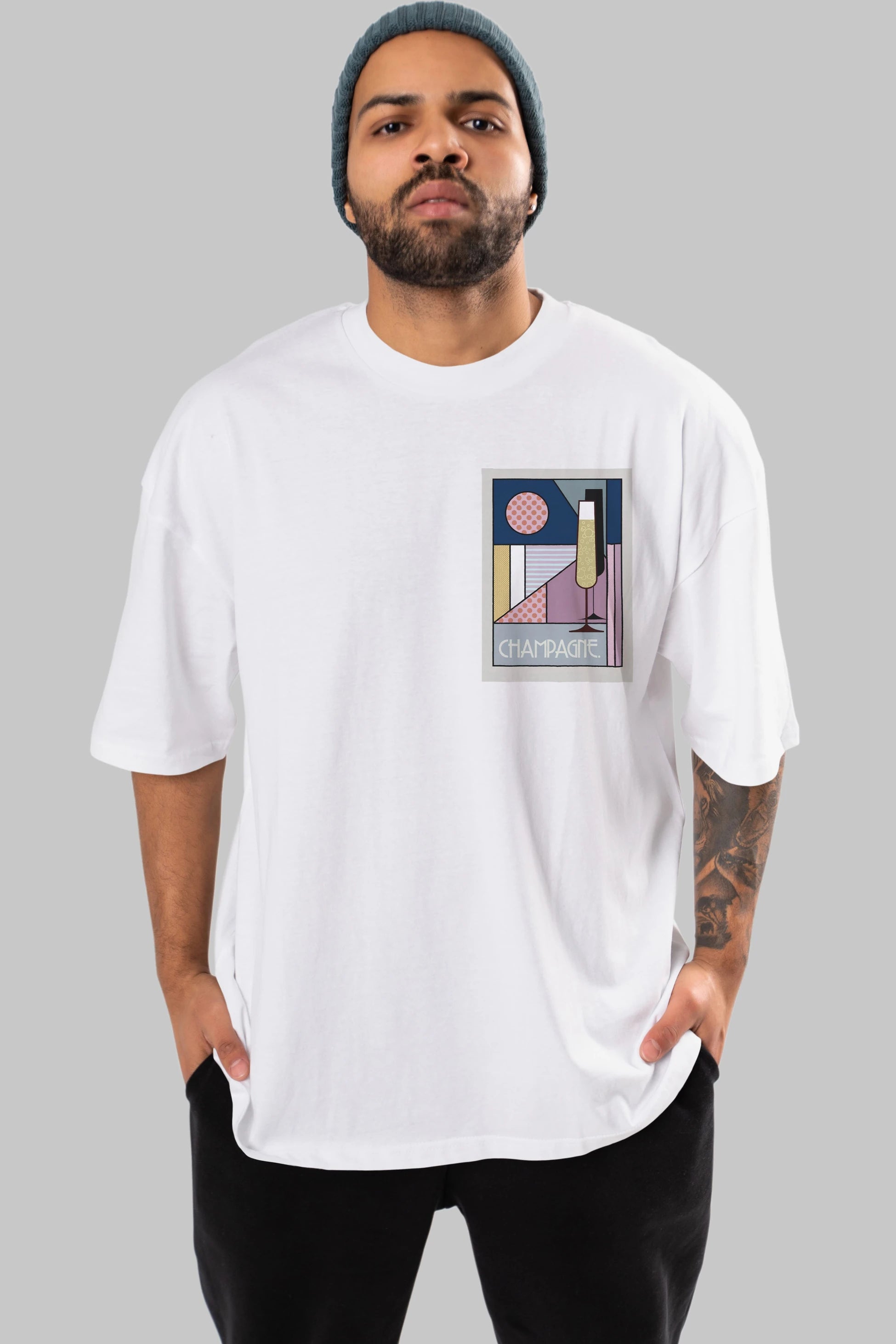 Champagne Ön Sol Baskılı Oversize t-shirt Erkek Kadın Unisex %100 Pamuk Bisiklet Yaka tişort