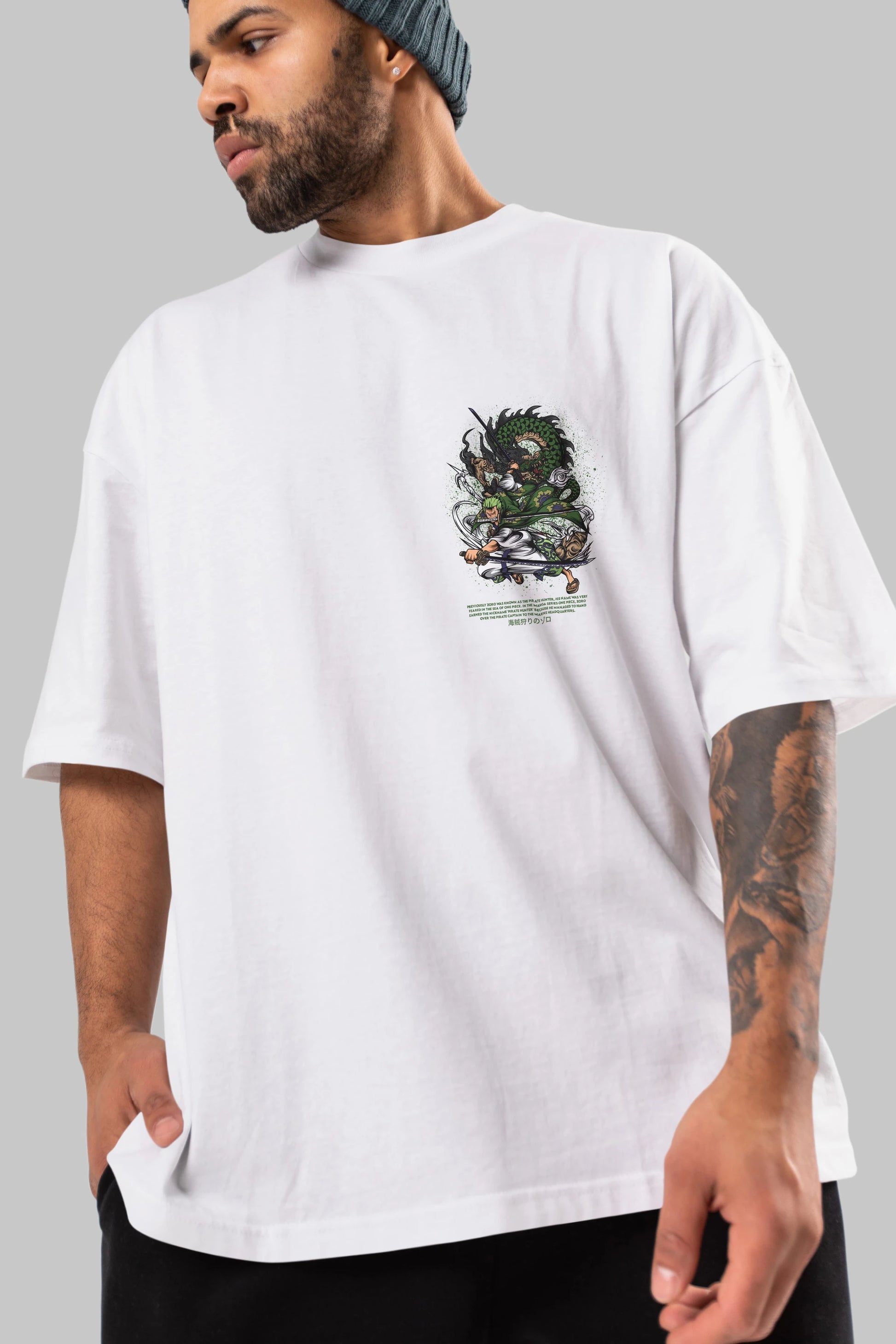Zoro-ONE PIECE Ön Sol Baskılı Oversize t-shirt Erkek Kadın Unisex %100 Pamuk Bisiklet Yaka tişort