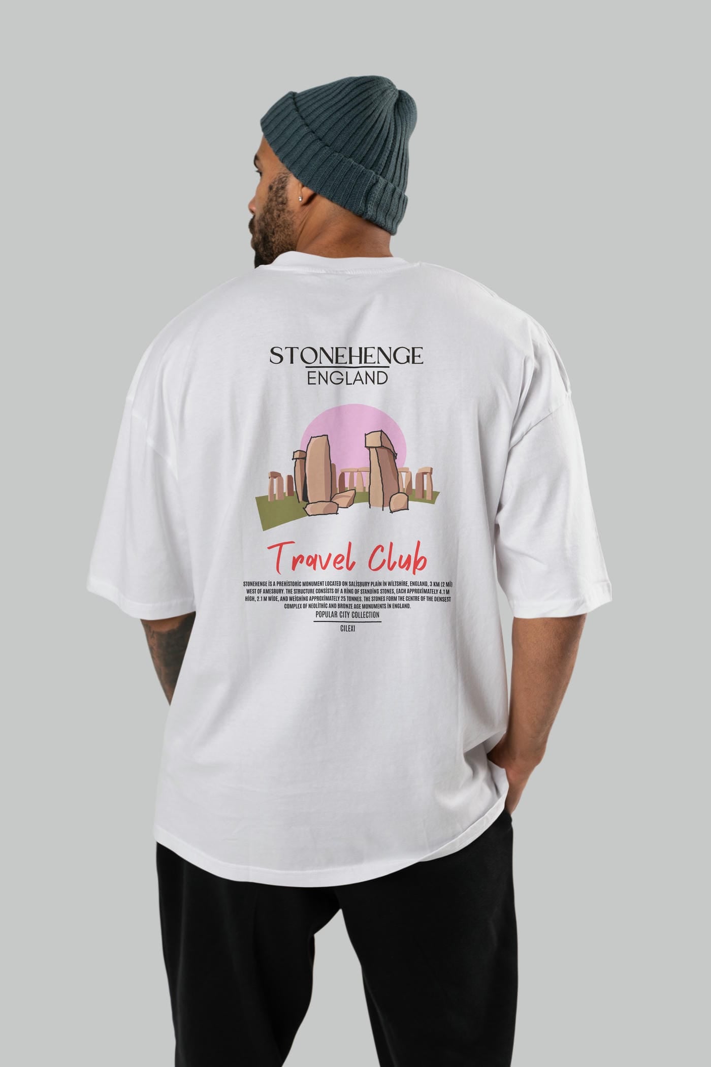 Stonehenge England Arka Baskılı Oversize t-shirt Erkek Kadın Pamuk Bisiklet Yaka tişort
