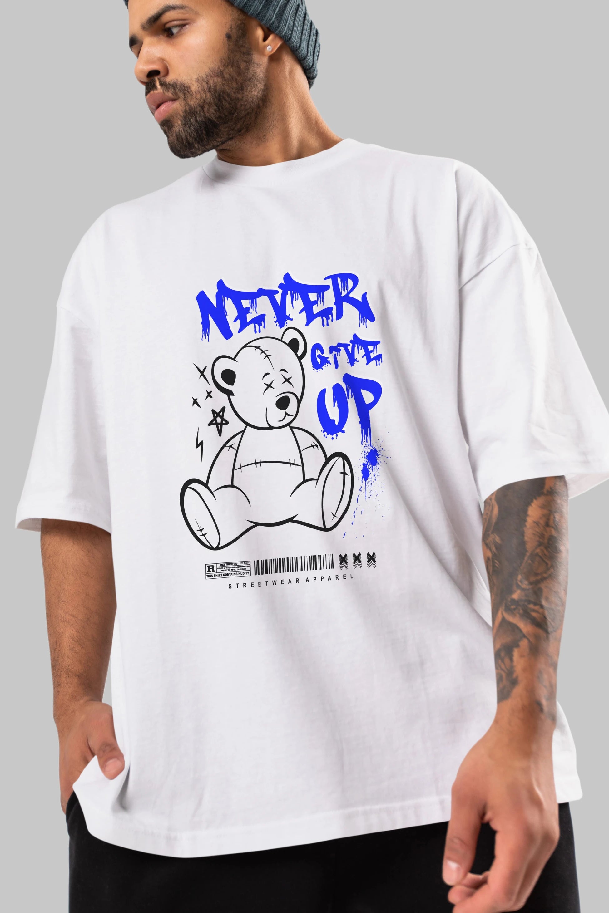 Teddy Bear Never Give Up Ön Baskılı Oversize t-shirt Erkek Kadın Unisex
