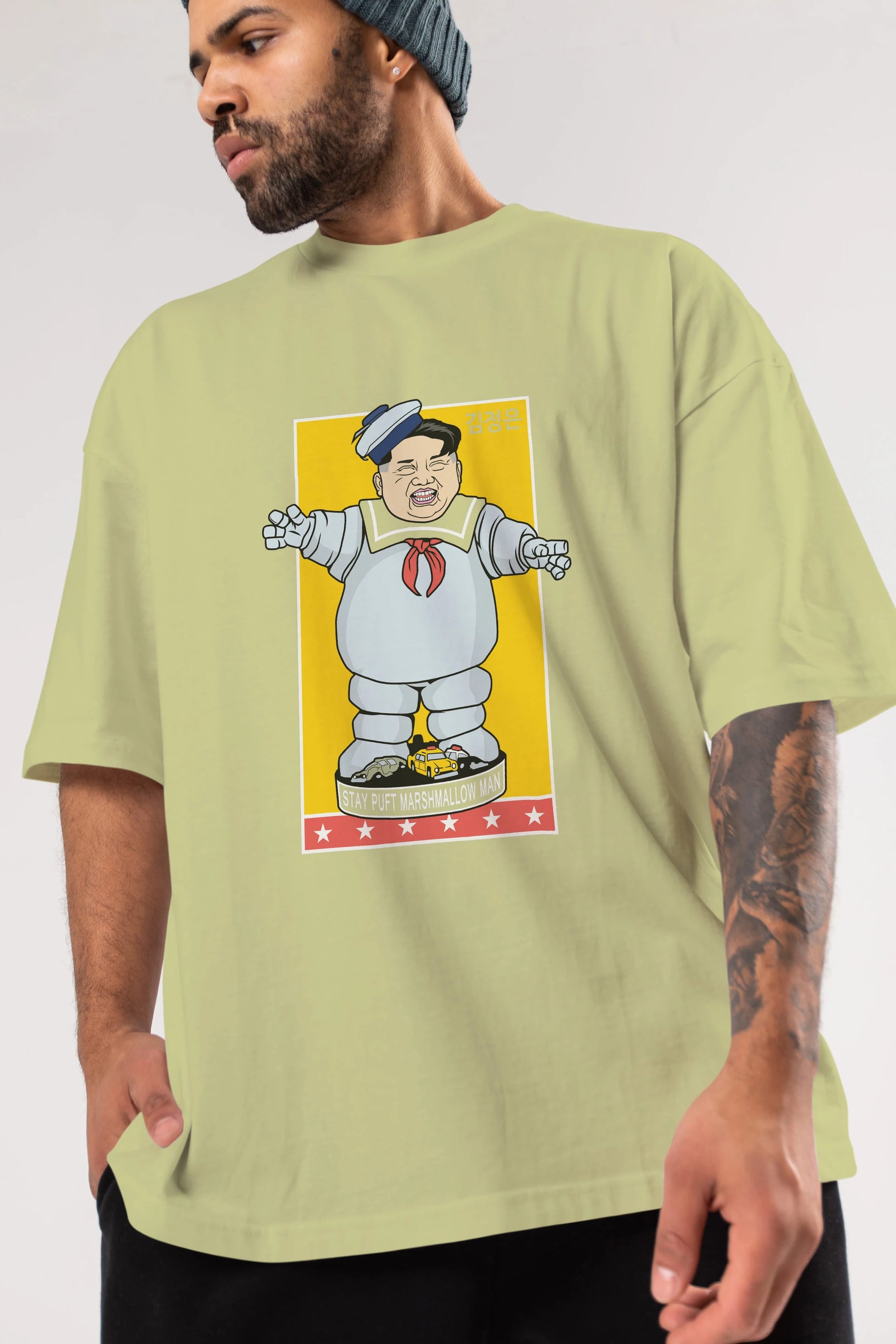 Stay Puft Jong Un Ön Baskılı Oversize t-shirt Erkek Kadın Unisex %100 Pamuk tişort