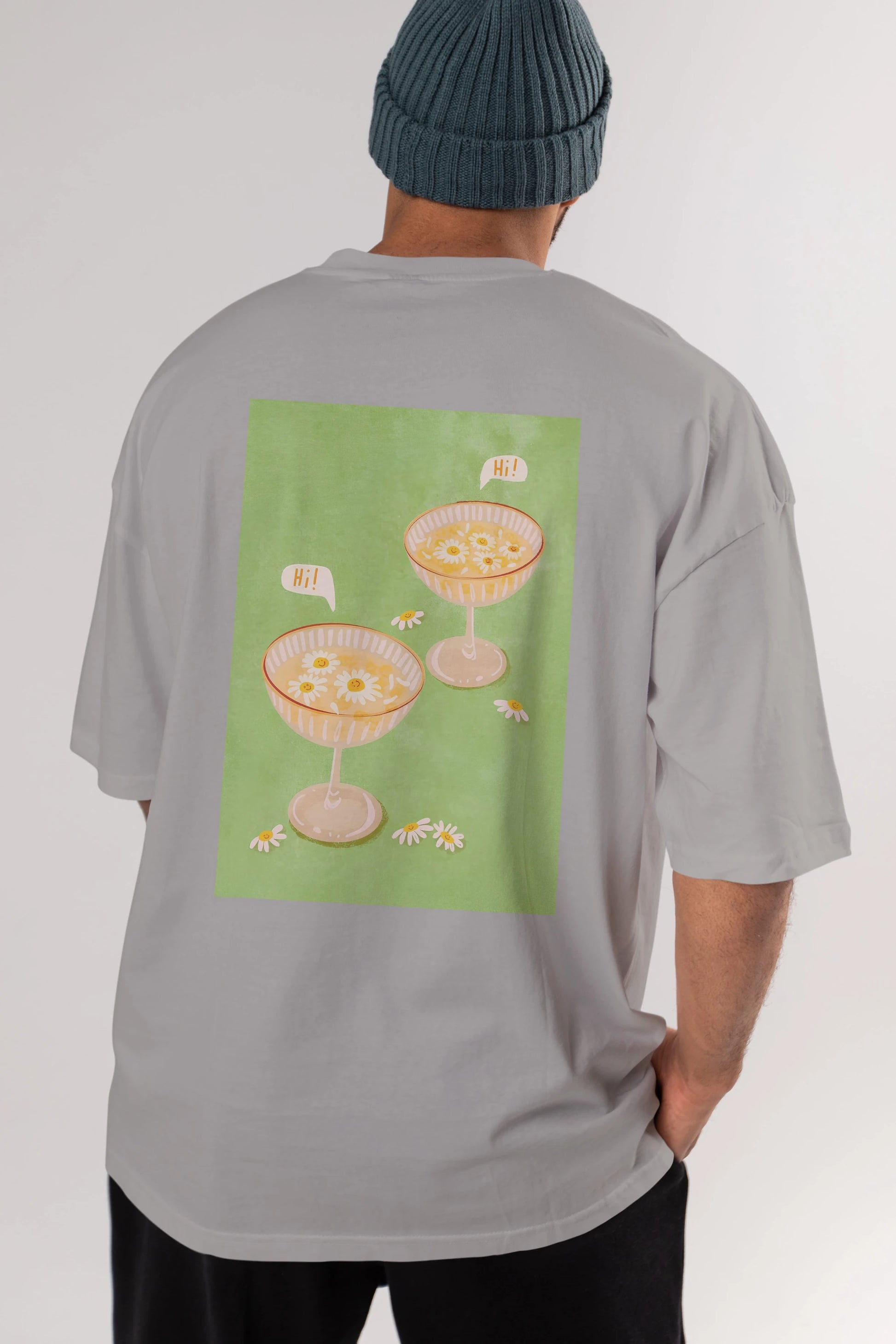 Hi Cheers Arka Baskılı Oversize t-shirt Erkek Kadın Unisex %100 Pamuk Bisiklet Yaka tişort
