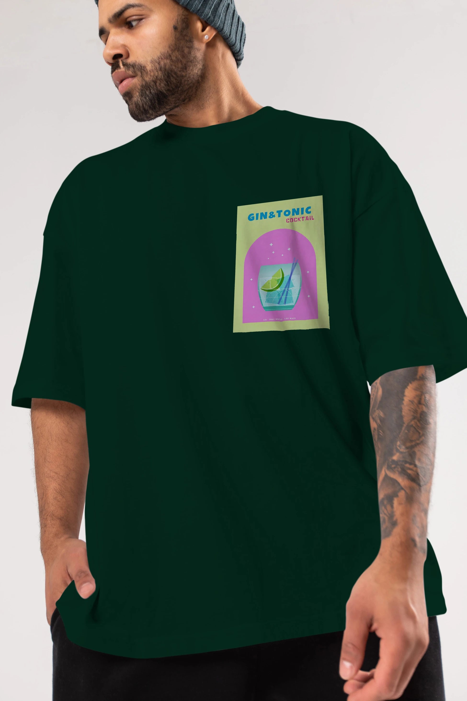 Gin Tonic Cocktail Ön Sol Baskılı Oversize t-shirt Erkek Kadın Unisex %100 Pamuk Bisiklet Yaka tişort
