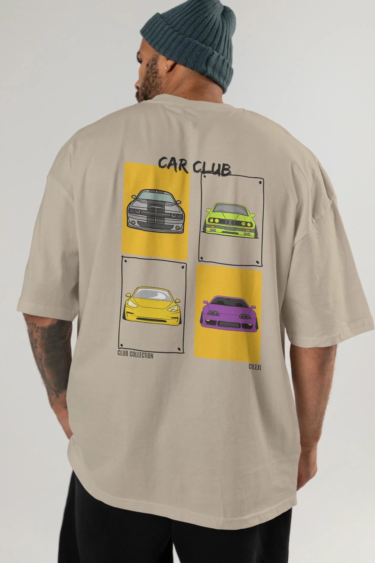 Car Club Arka Baskılı Oversize t-shirt Erkek Kadın %100 Pamuk Bisiklet Yaka tişort