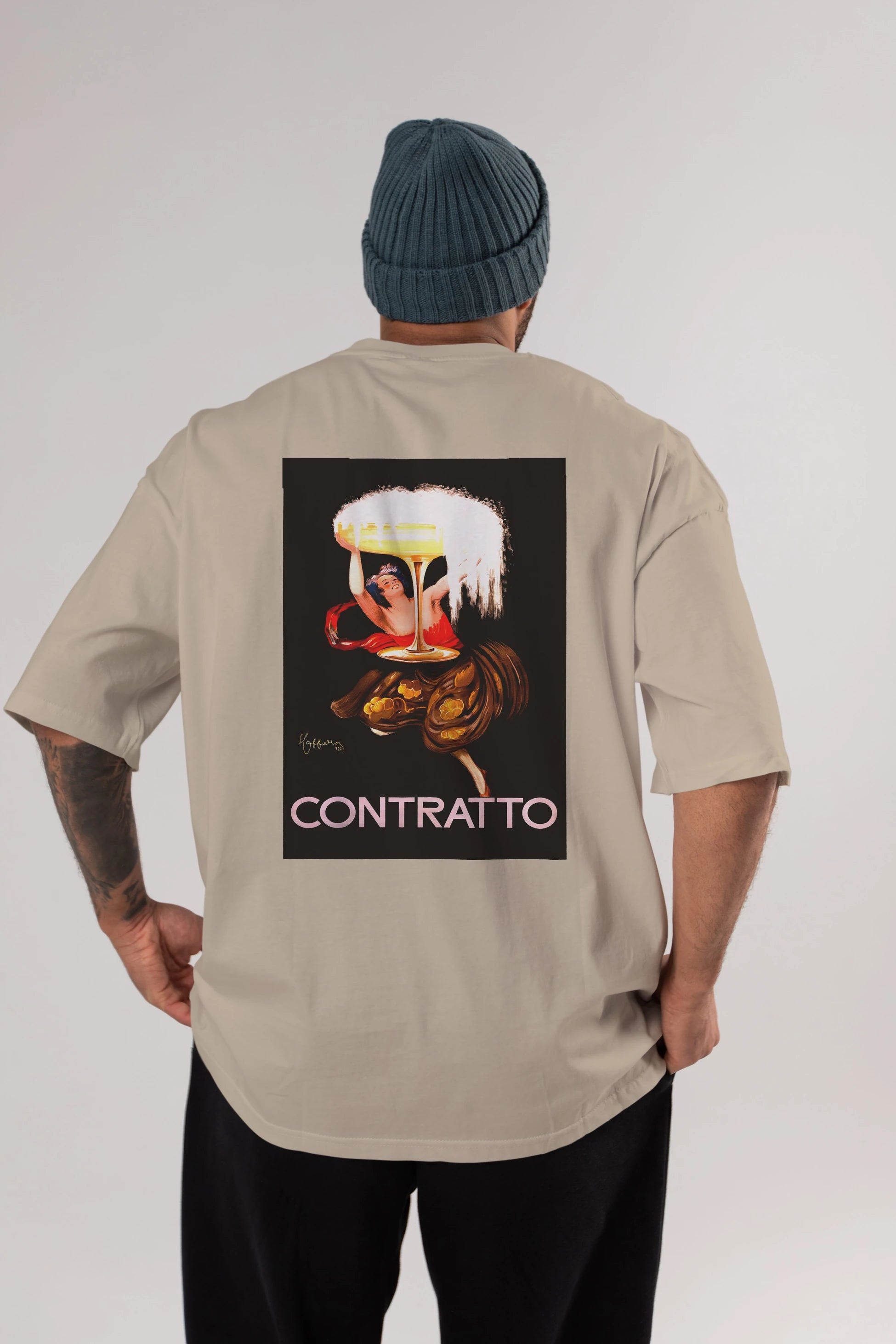 Contratto Arka Baskılı Oversize t-shirt Erkek Kadın Unisex %100 Pamuk Bisiklet Yaka tişort