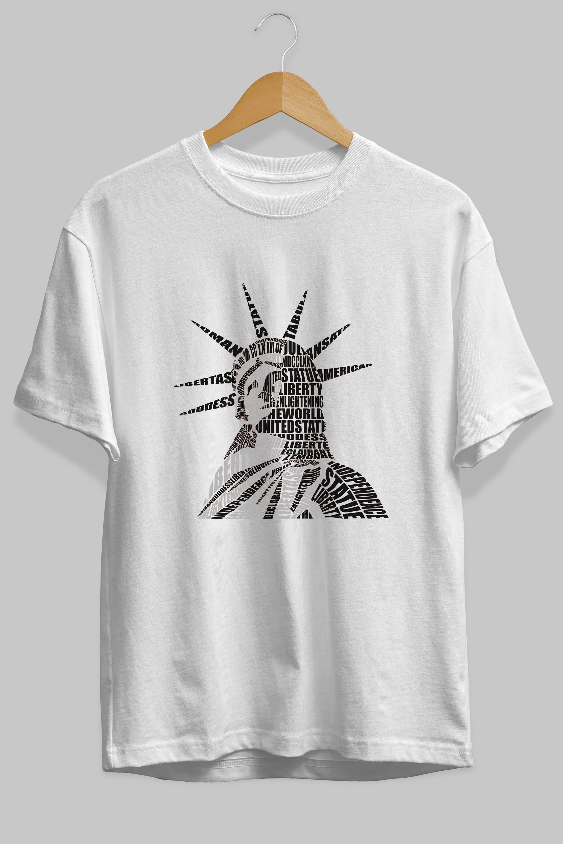 Liberty Statue Calligram Ön Baskılı Oversize t-shirt %100 pamuk Erkek Kadın Unisex