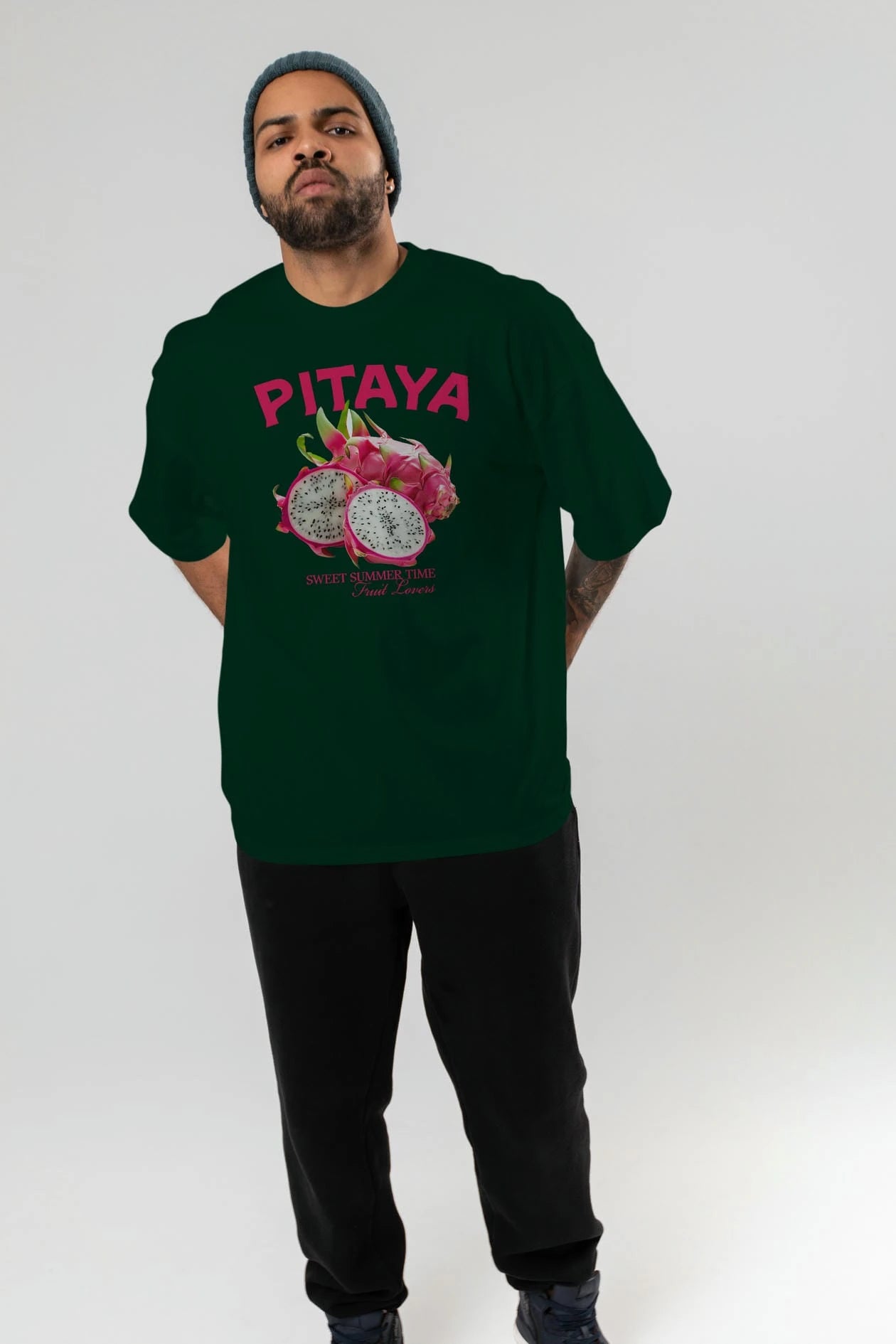 Pitaya Ön Baskılı Oversize t-shirt Erkek Kadın Pamuk Bisiklet Yaka tişort
