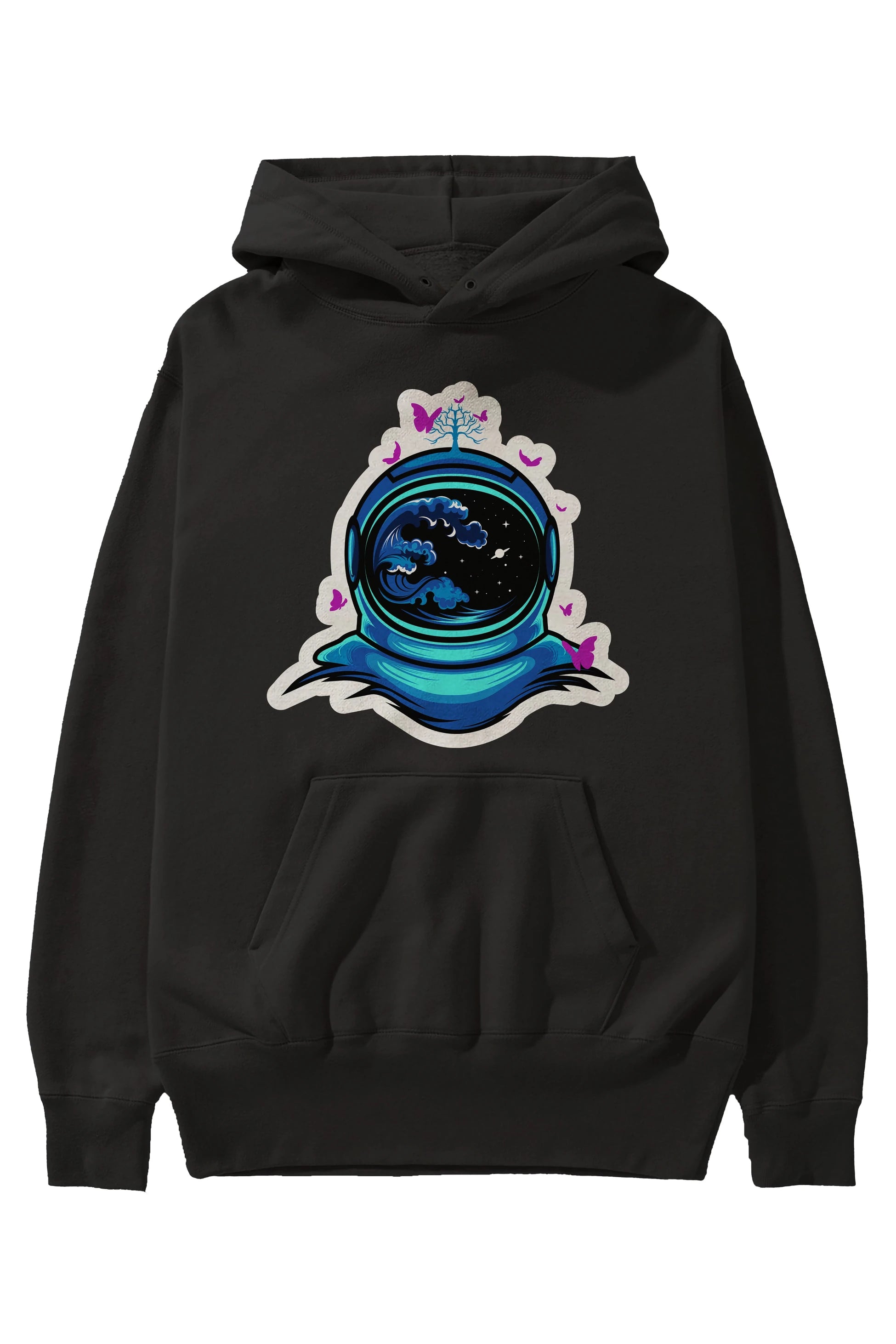 Astronaut and Butterfly Sticker Ön Baskılı Hoodie Oversize Kapüşonlu Sweatshirt Erkek Kadın Unisex