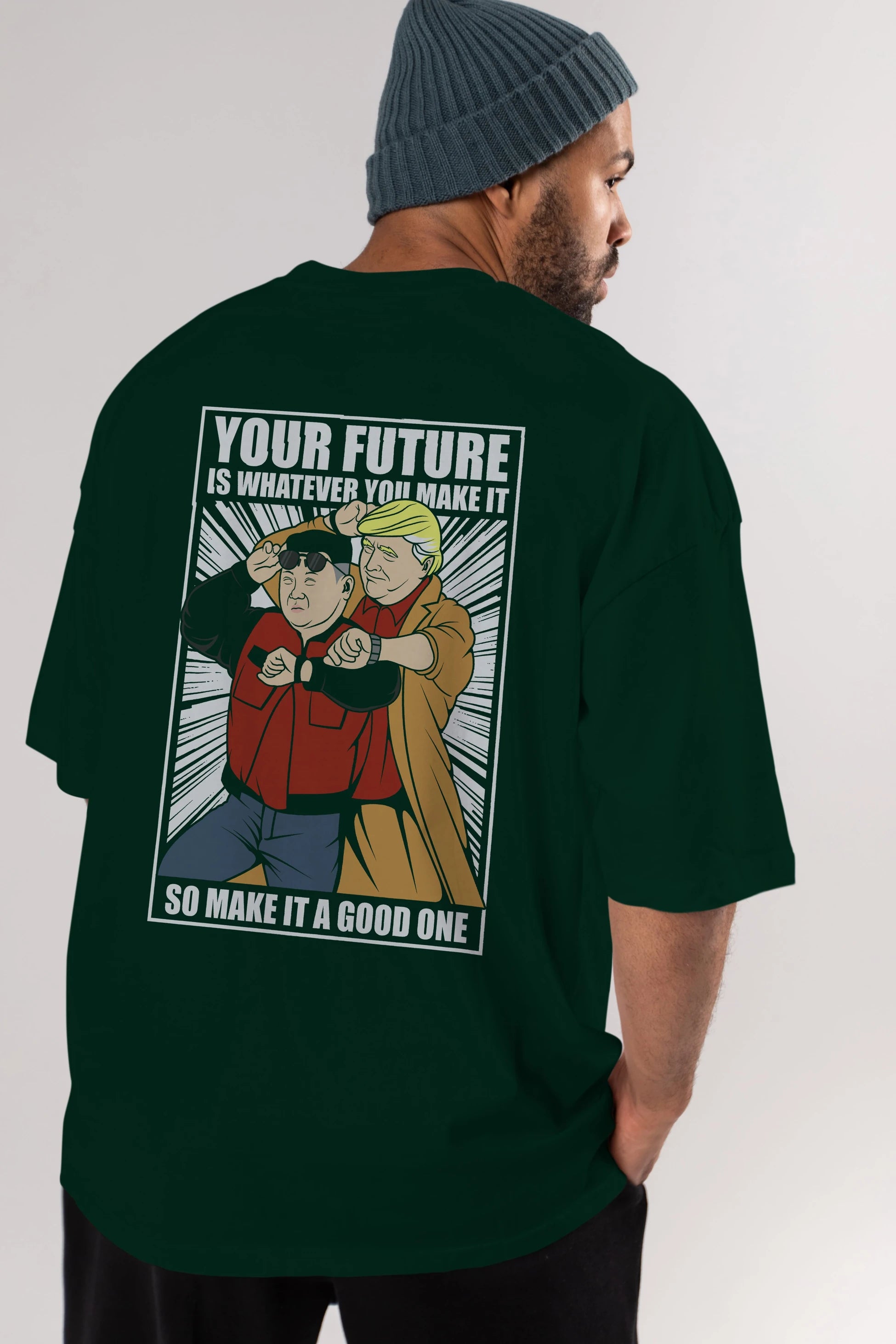 Back To The Future Jong Un Trump Arka Baskılı Oversize t-shirt Erkek Kadın Unisex %100 Pamuk tişort