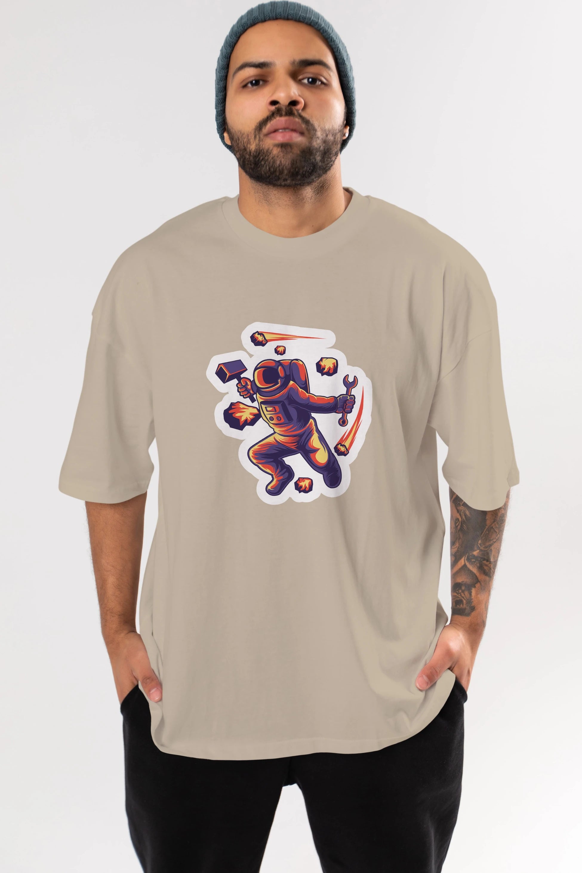 Astronaut Block Meteor Sticker Ön Baskılı Oversize t-shirt Erkek Kadın Unisex