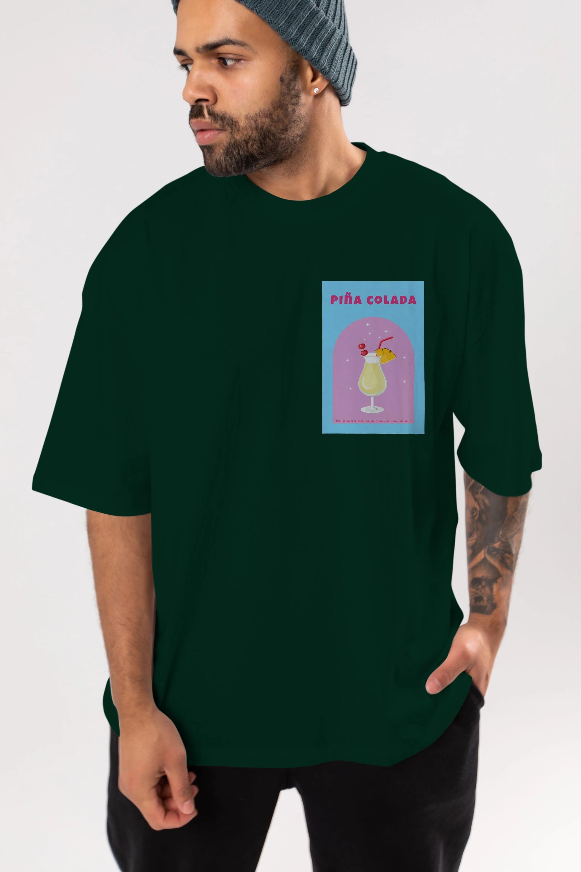 Pina Colada 2 Ön Sol Baskılı Oversize t-shirt Erkek Kadın Unisex %100 Pamuk Bisiklet Yaka tişort