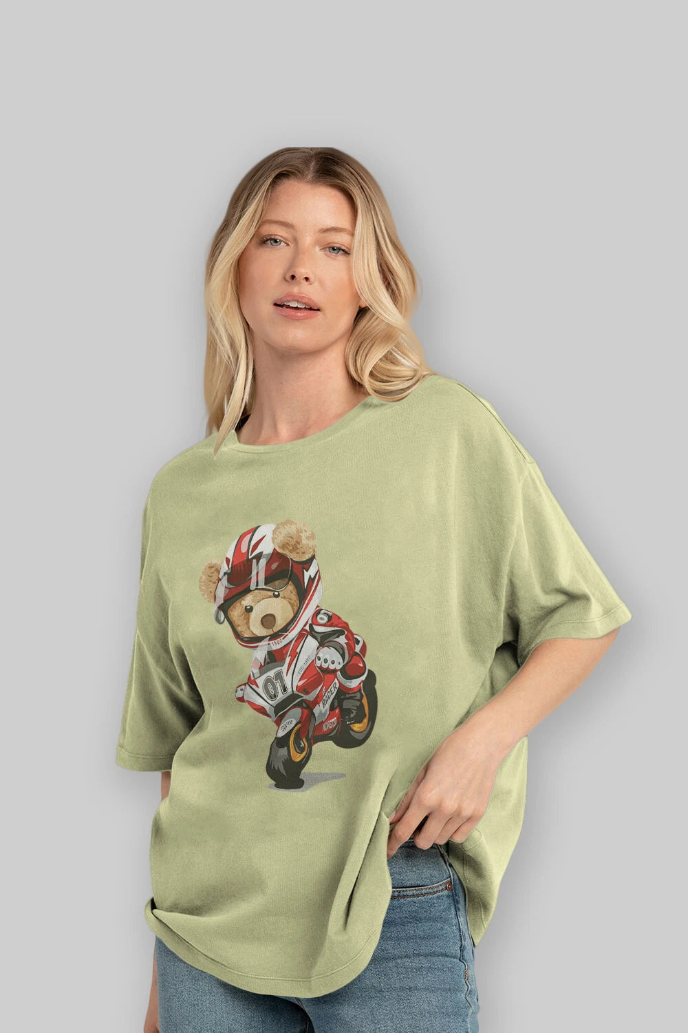 Teddy Bear Racer Ön Baskılı Oversize t-shirt Erkek Kadın Unisex %100 Pamuk