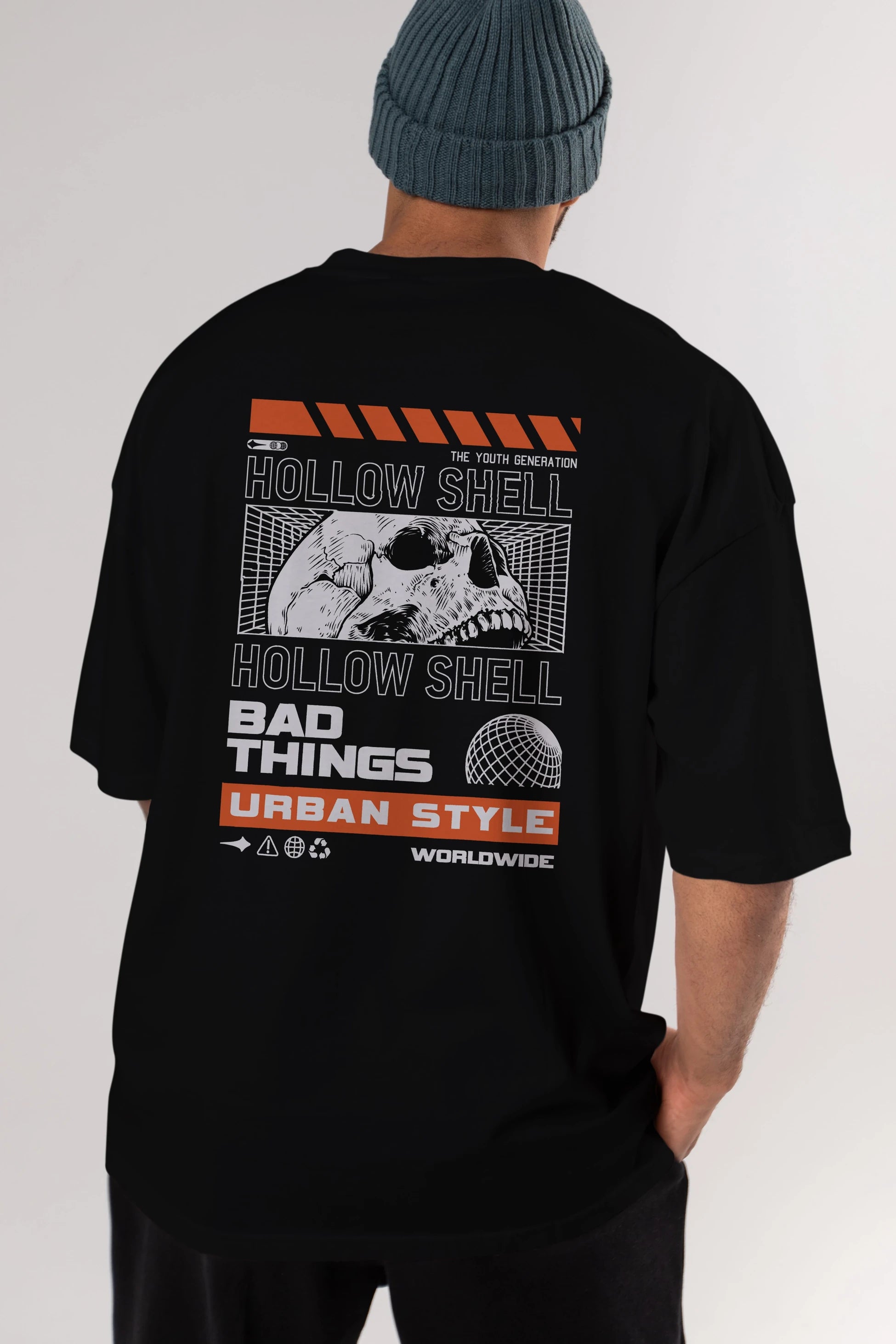 Hollow Shell Arka Baskılı Oversize t-shirt Erkek Kadın Unisex