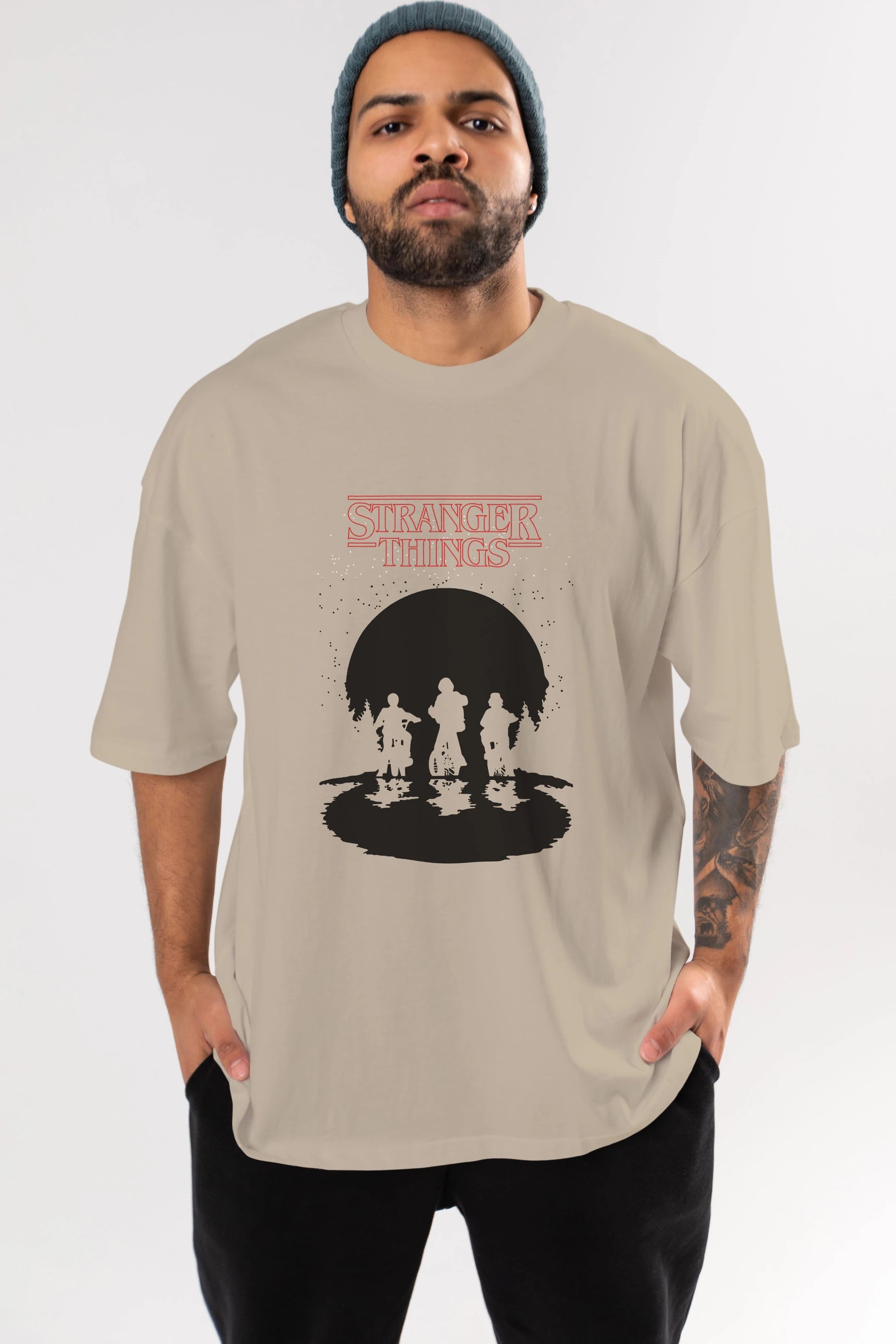 Stranger Things Ön Baskılı Oversize t-shirt Erkek Kadın Unisex %100 Pamuk Bisiklet Yaka tişort