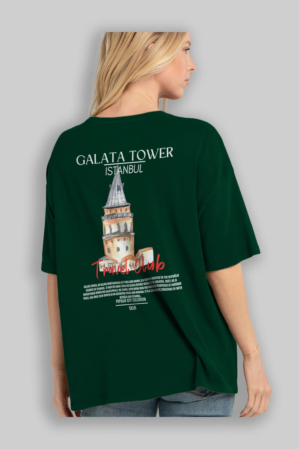 Galata Tower İstanbul Arka Baskılı Oversize t-shirt Erkek Kadın Pamuk Bisiklet Yaka tişort