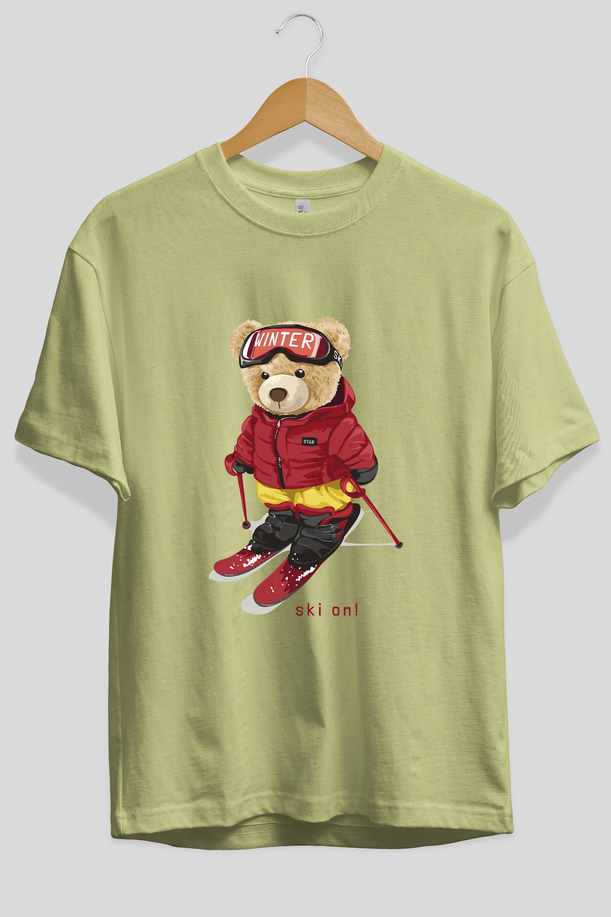 Teddy Bear Ski On Ön Baskılı Oversize t-shirt Erkek Kadın Unisex %100 Pamuk