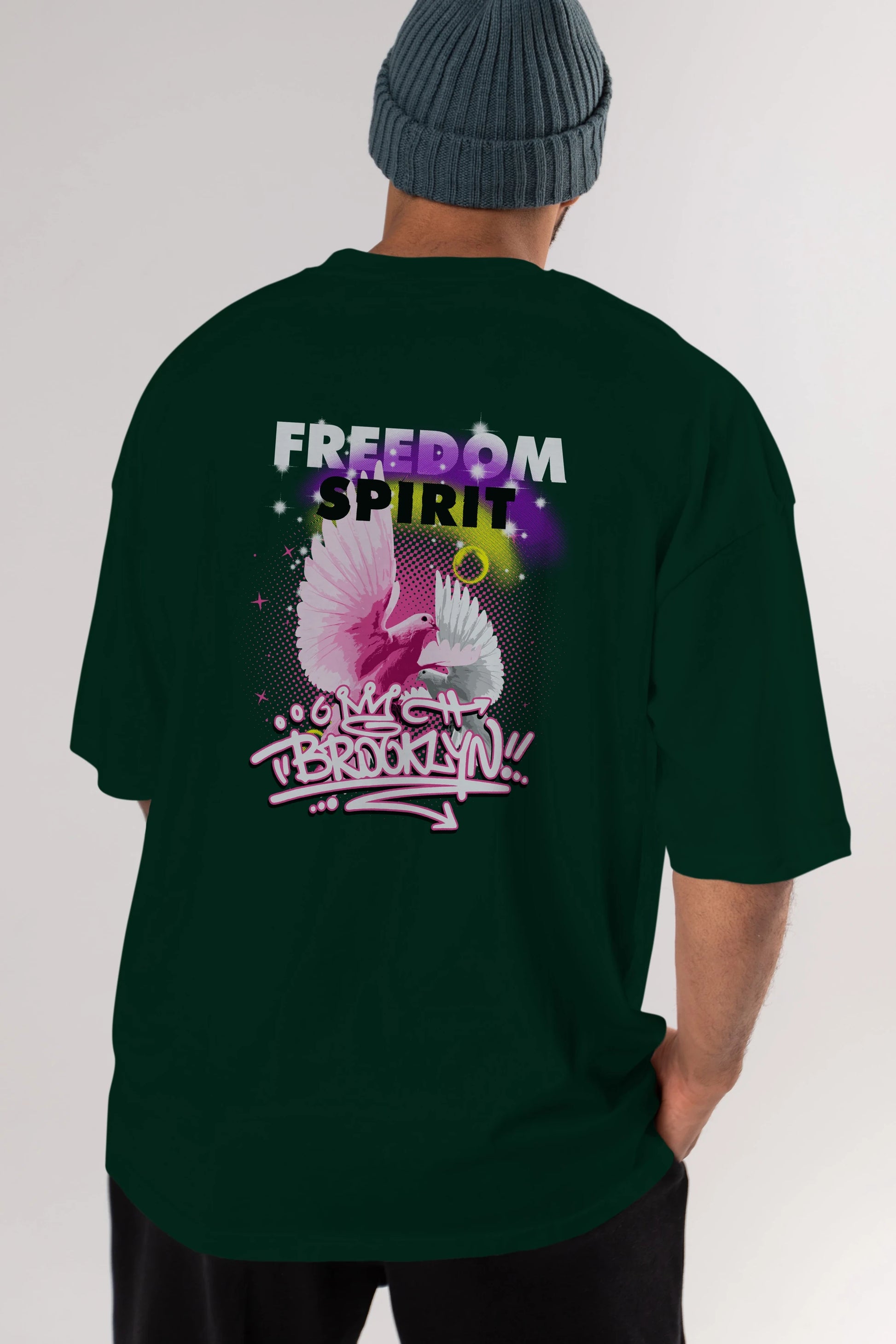 Freedom Spirit Brooklyn Arka Baskılı Oversize t-shirt Erkek Kadın Unisex