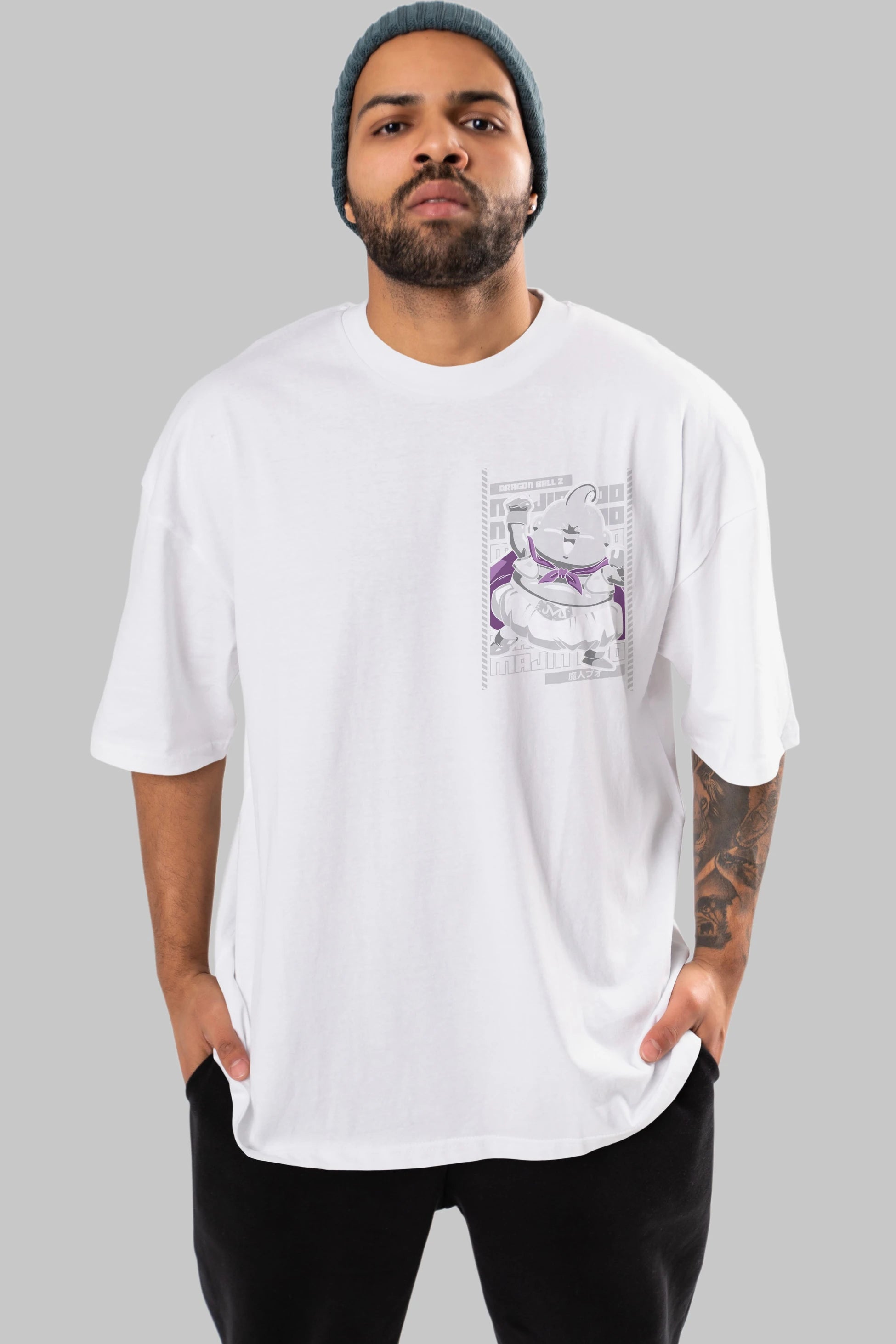 MAJIN BOO2 Ön Sol Baskılı Oversize t-shirt Erkek Kadın Unisex %100 Pamuk Bisiklet Yaka tişort