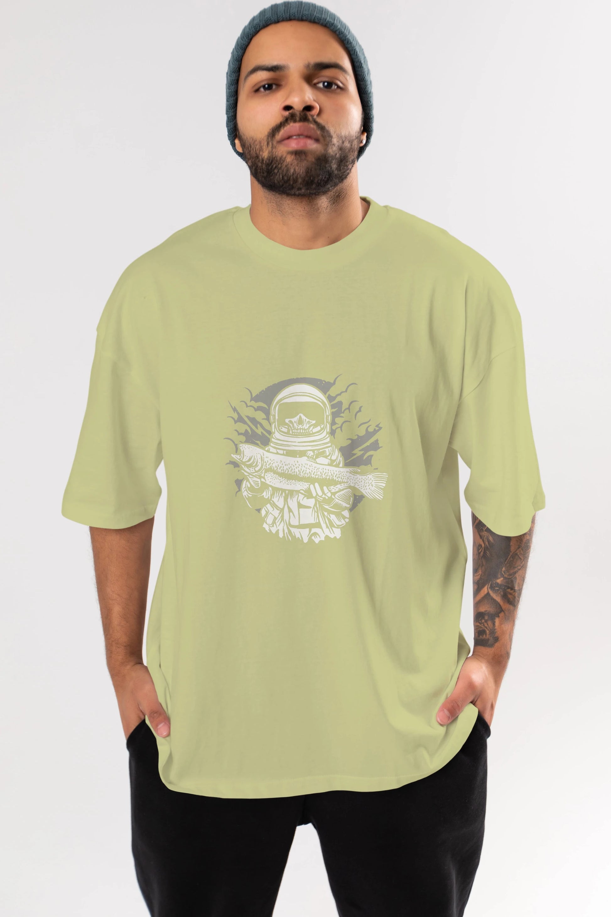 Astronaut Fishing Ön Baskılı Oversize t-shirt Erkek Kadın Unisex %100 Pamuk tişort