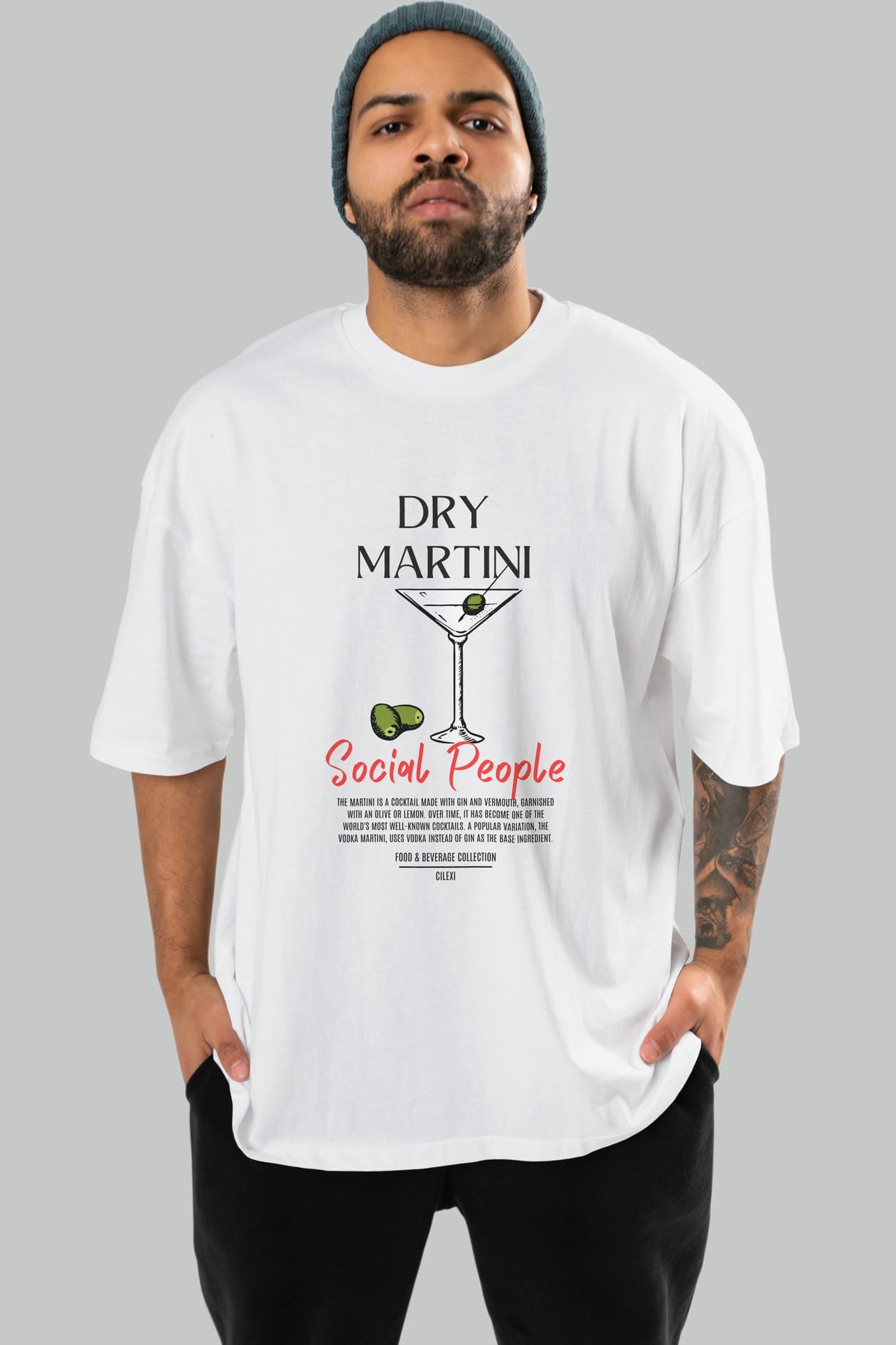 Dry Martını Kokteyl Serisi ön Baskılı Oversize t-shirt Erkek Kadın %100 Pamuk Bisiklet Yaka tişort