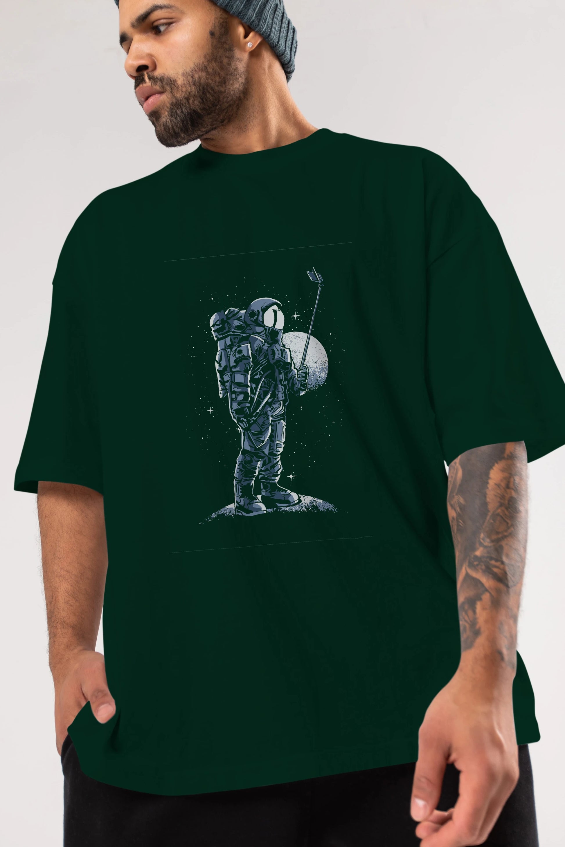 Selfie Astronaut Ön Baskılı Oversize t-shirt Erkek Kadın Unisex %100 Pamuk tişort
