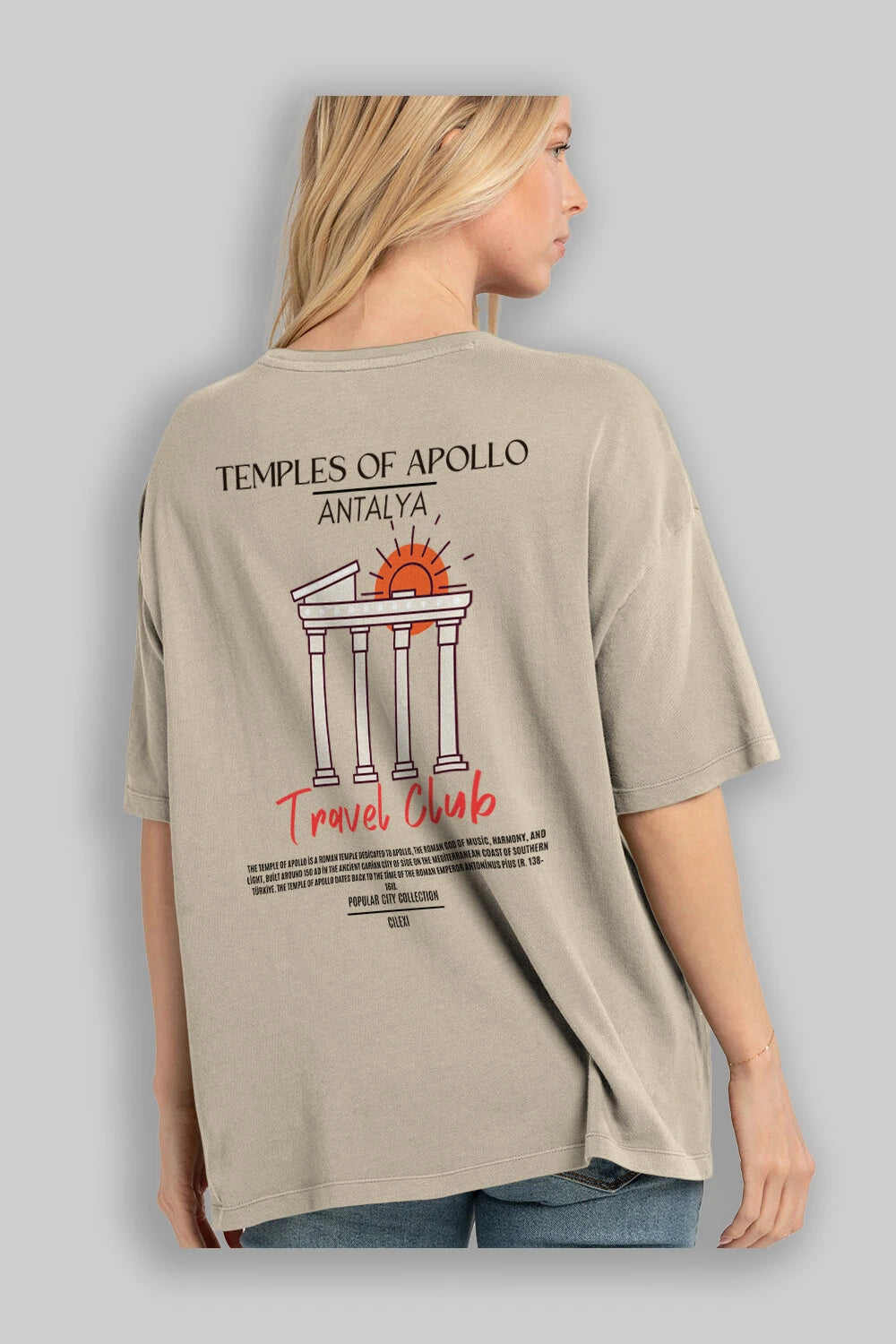 Temples Of Apollo Antalya Arka Baskılı Oversize t-shirt Erkek Kadın Pamuk Bisiklet Yaka tişort