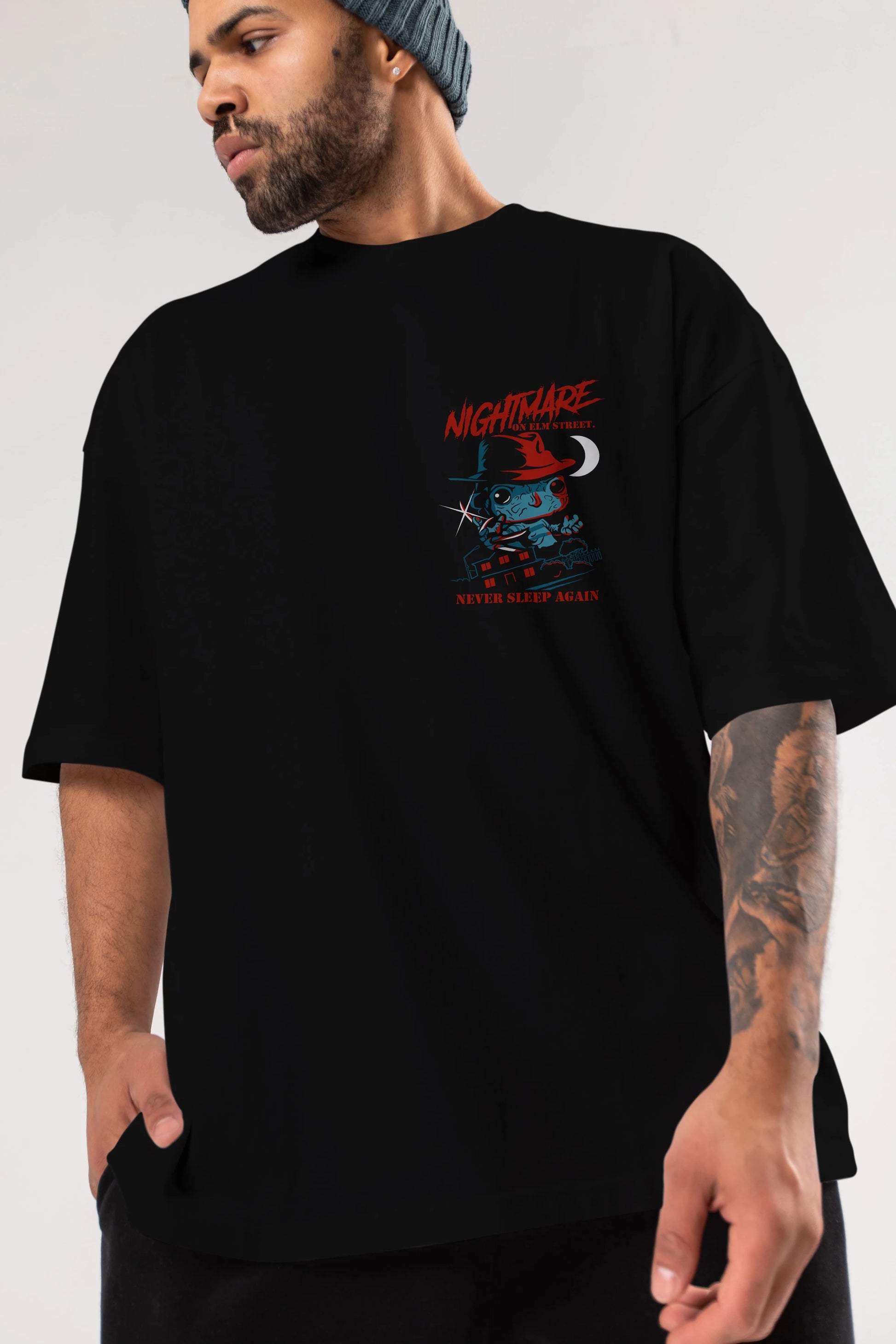 Nightmare Elm Sokağı Ön Sol Baskılı Oversize t-shirt Erkek Kadın Unisex %100 Pamuk Bisiklet Yaka tişort