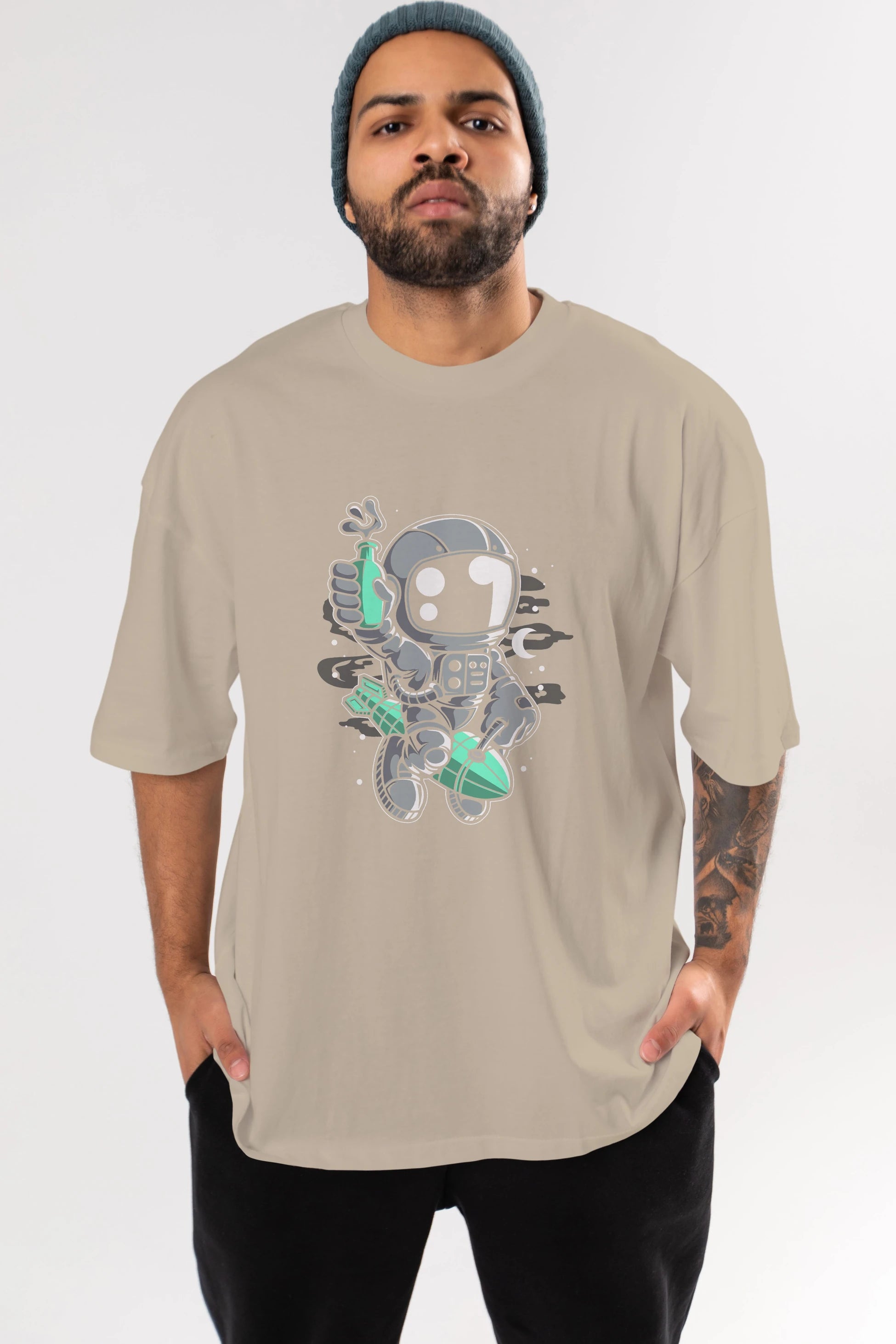 Astronaut Rocket Ön Baskılı Oversize t-shirt Erkek Kadın Unisex