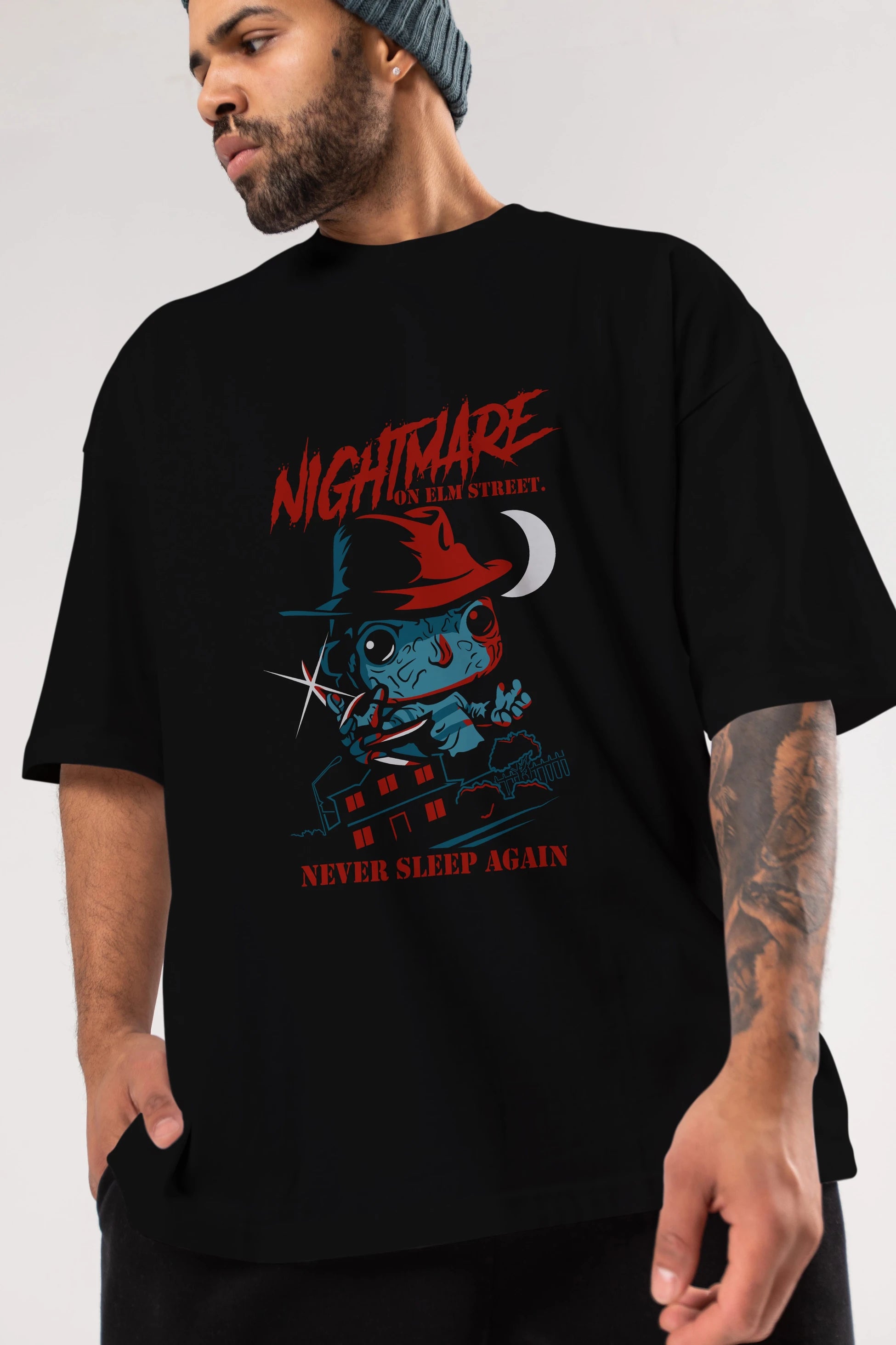 Nightmare Elm Sokağı Ön Baskılı Oversize t-shirt Erkek Kadın Unisex %100 Pamuk Bisiklet Yaka tişort
