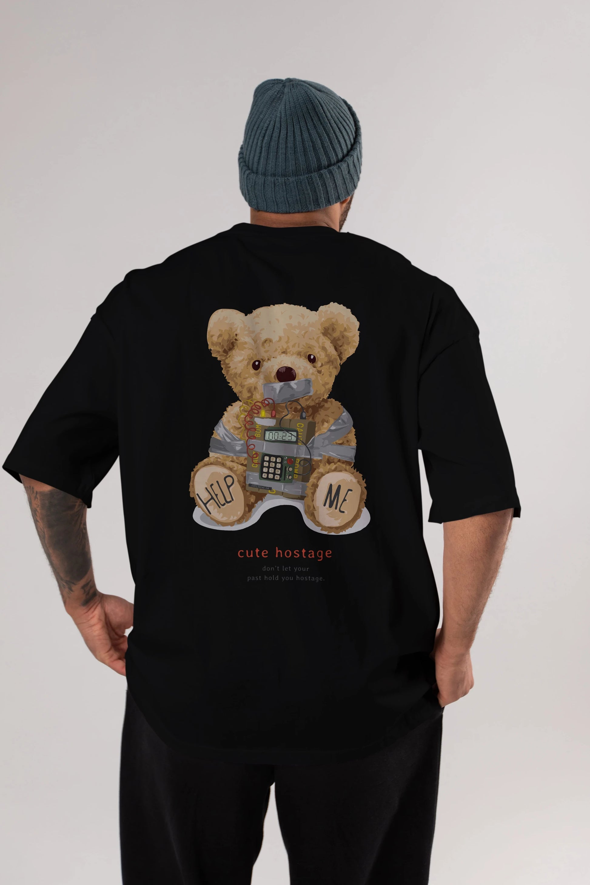Teddy Bear Help Me Arka Baskılı Oversize t-shirt Erkek Kadın Unisex %100 Pamuk