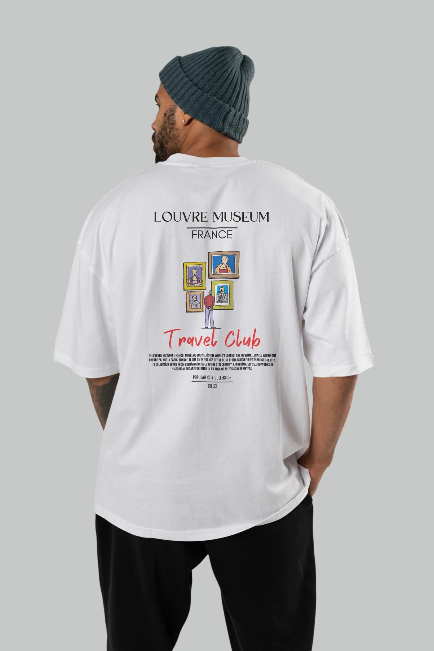 Louvre Museum France Arka Baskılı Oversize t-shirt Erkek Kadın Pamuk Bisiklet Yaka tişort
