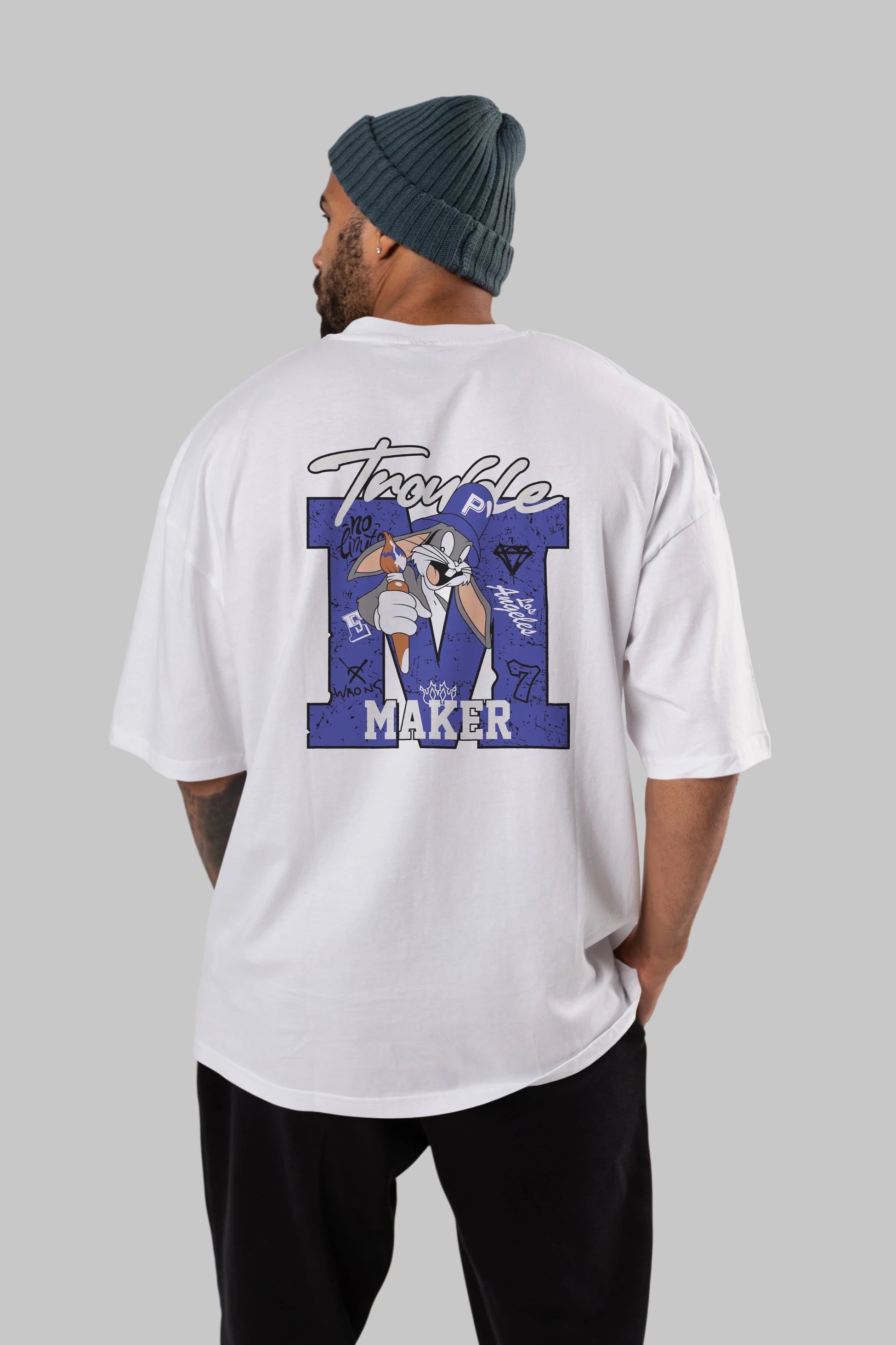Bugs Bunny Arka Baskılı Oversize t-shirt Erkek Kadın Unisex %100 Pamuk Bisiklet Yaka tişort