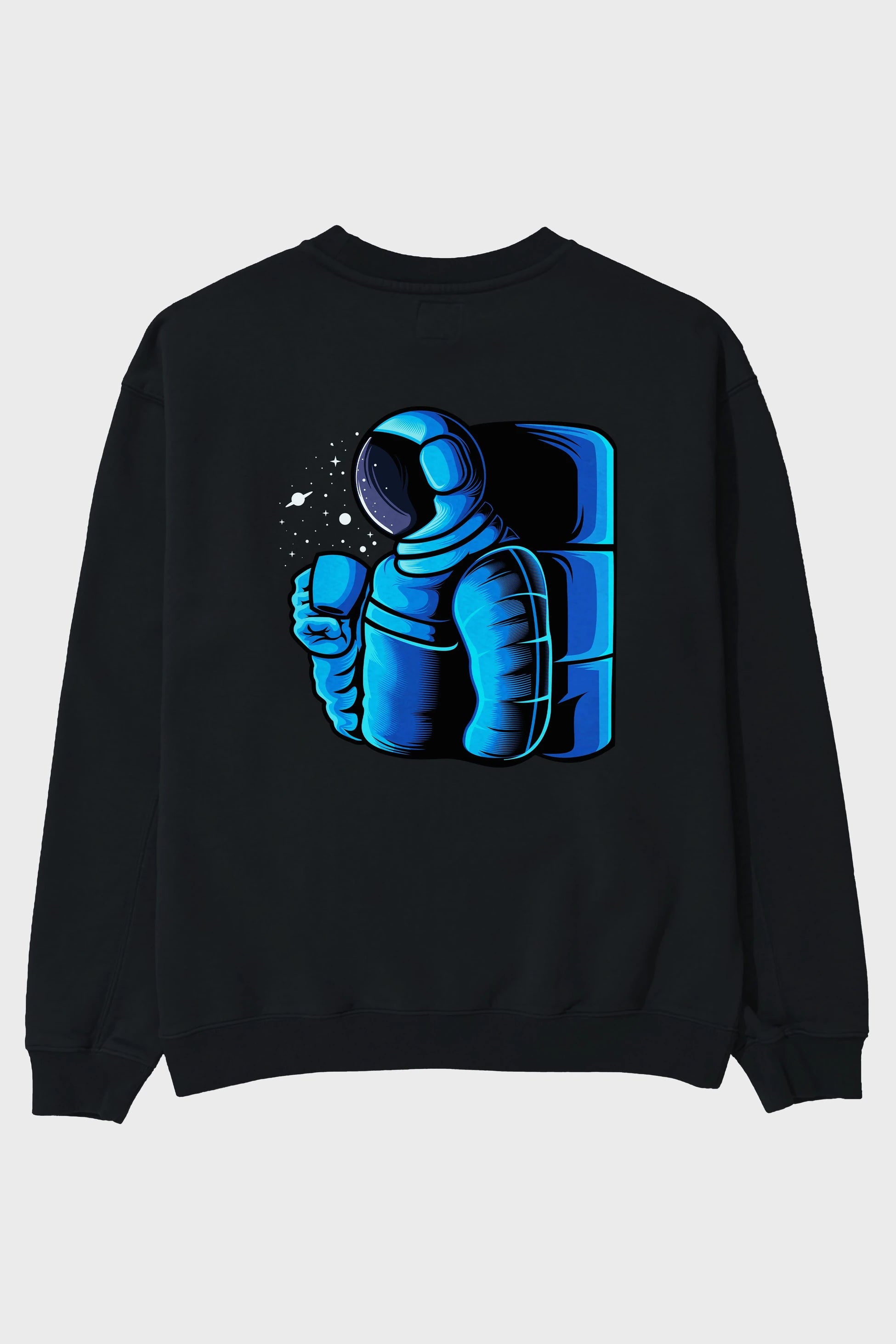 Drinking coffee in space Arka Baskılı Oversize Sweatshirt Erkek Kadın Unisex