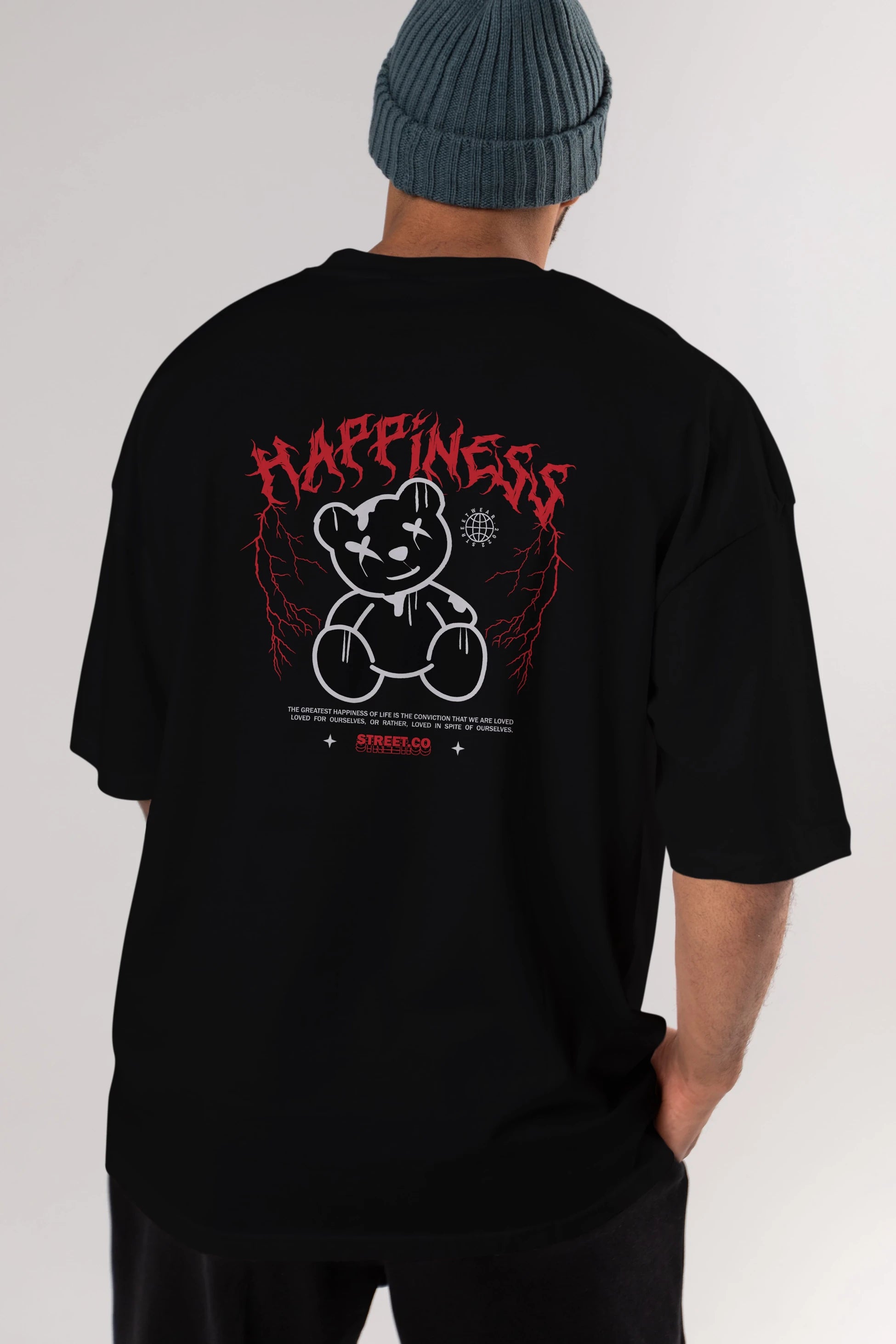 Happiness Bear Arka Baskılı Oversize t-shirt Erkek Kadın Unisex