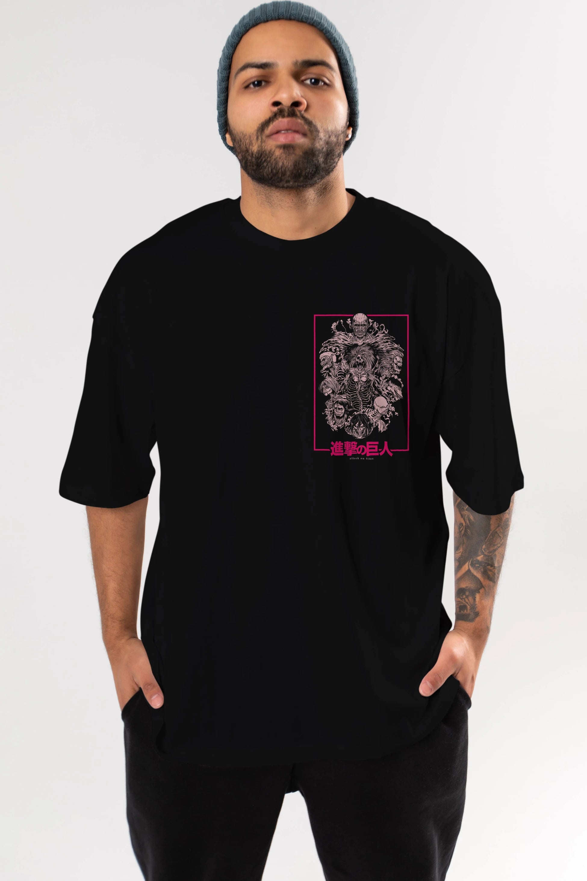 ATTACK ON TITANS Ön Sol Baskılı Oversize t-shirt Erkek Kadın Unisex %100 Pamuk Bisiklet Yaka tişort