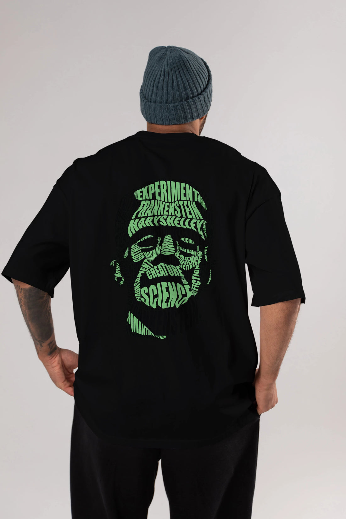 Frankenstein Calligram Arka Baskılı Oversize t-shirt %100 pamuk Erkek Kadın Unisex