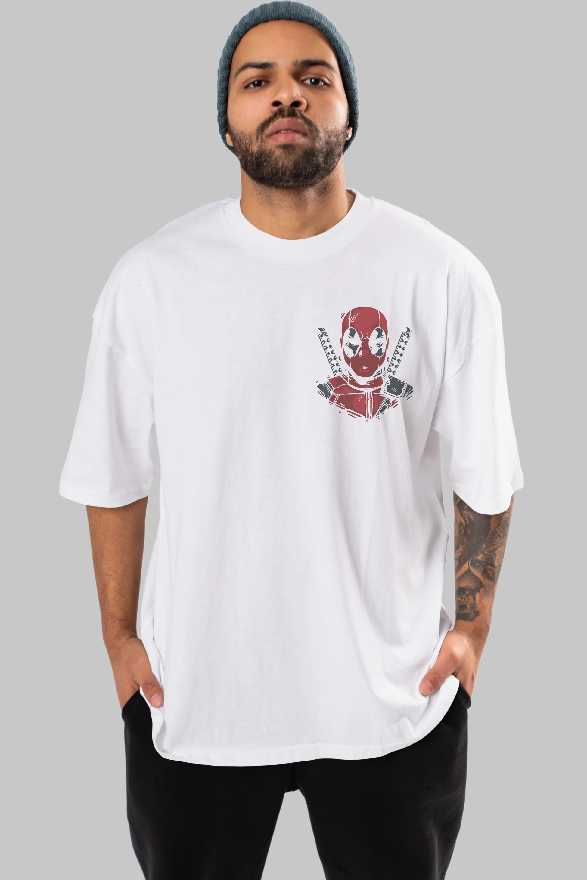 Deadpool (4) Ön Sol Baskılı Oversize t-shirt Erkek Kadın Unisex %100 Pamuk Bisiklet Yaka tişort