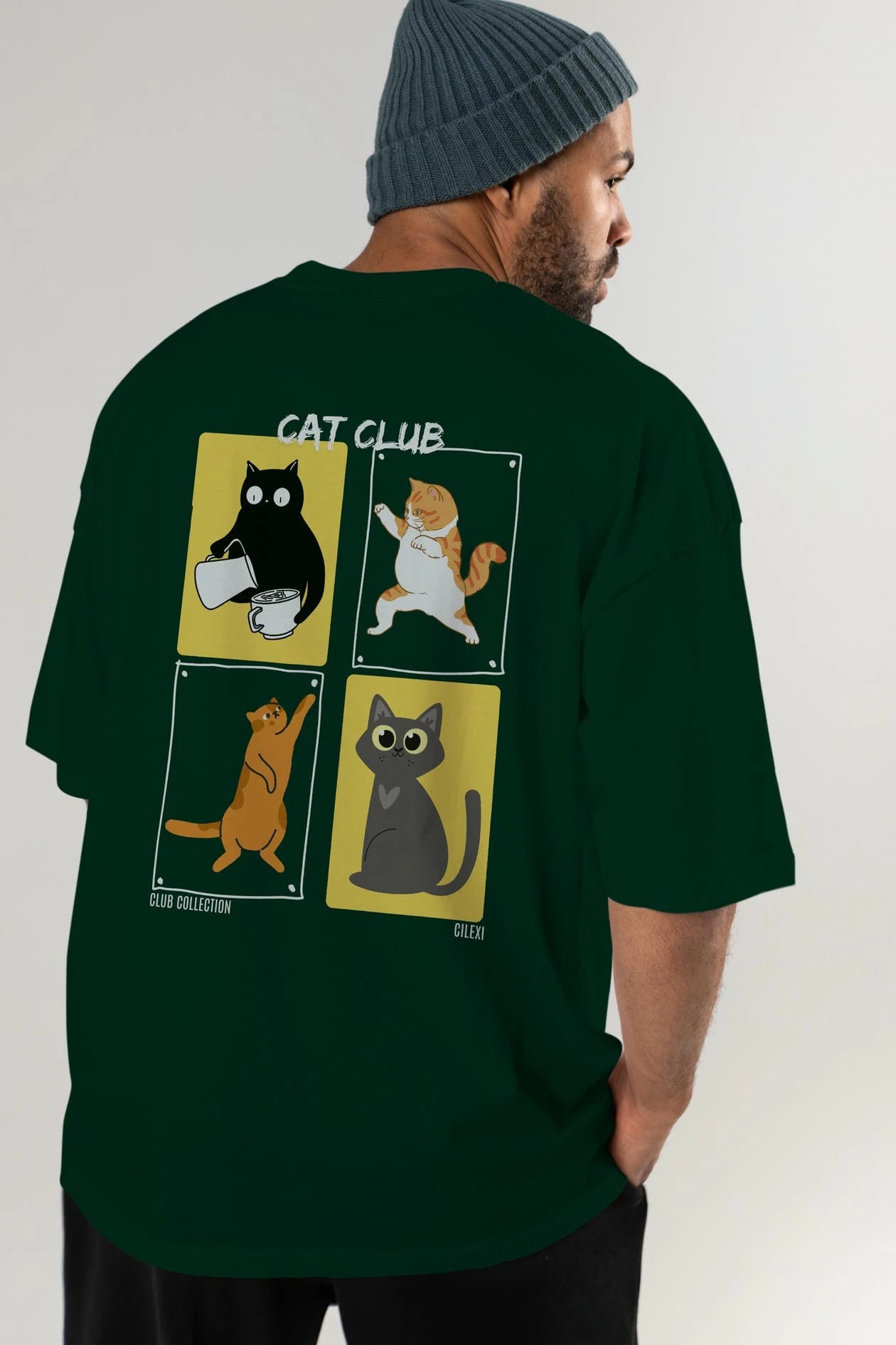 Cat Club Arka Baskılı Oversize t-shirt Erkek Kadın %100 Pamuk Bisiklet Yaka tişort