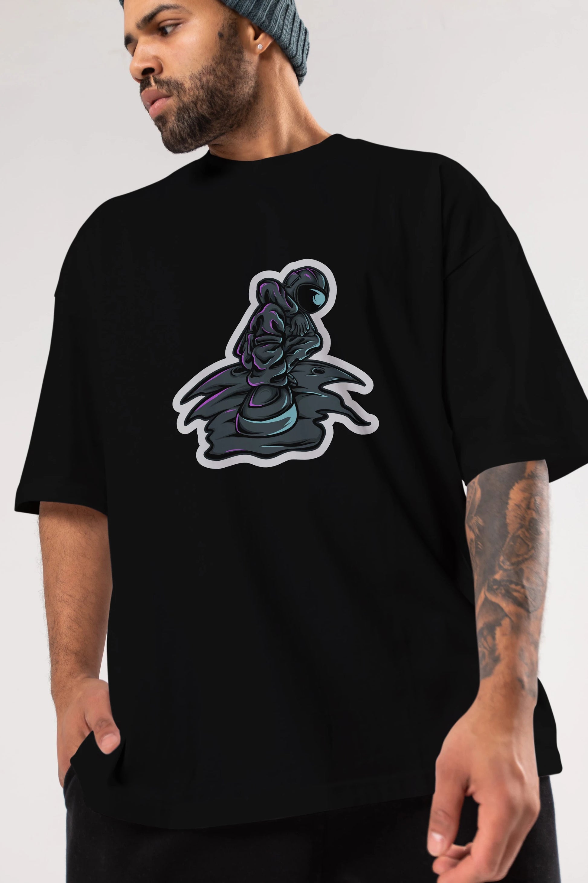Stylish Astronaut Sticker Ön Baskılı Oversize t-shirt Erkek Kadın Unisex