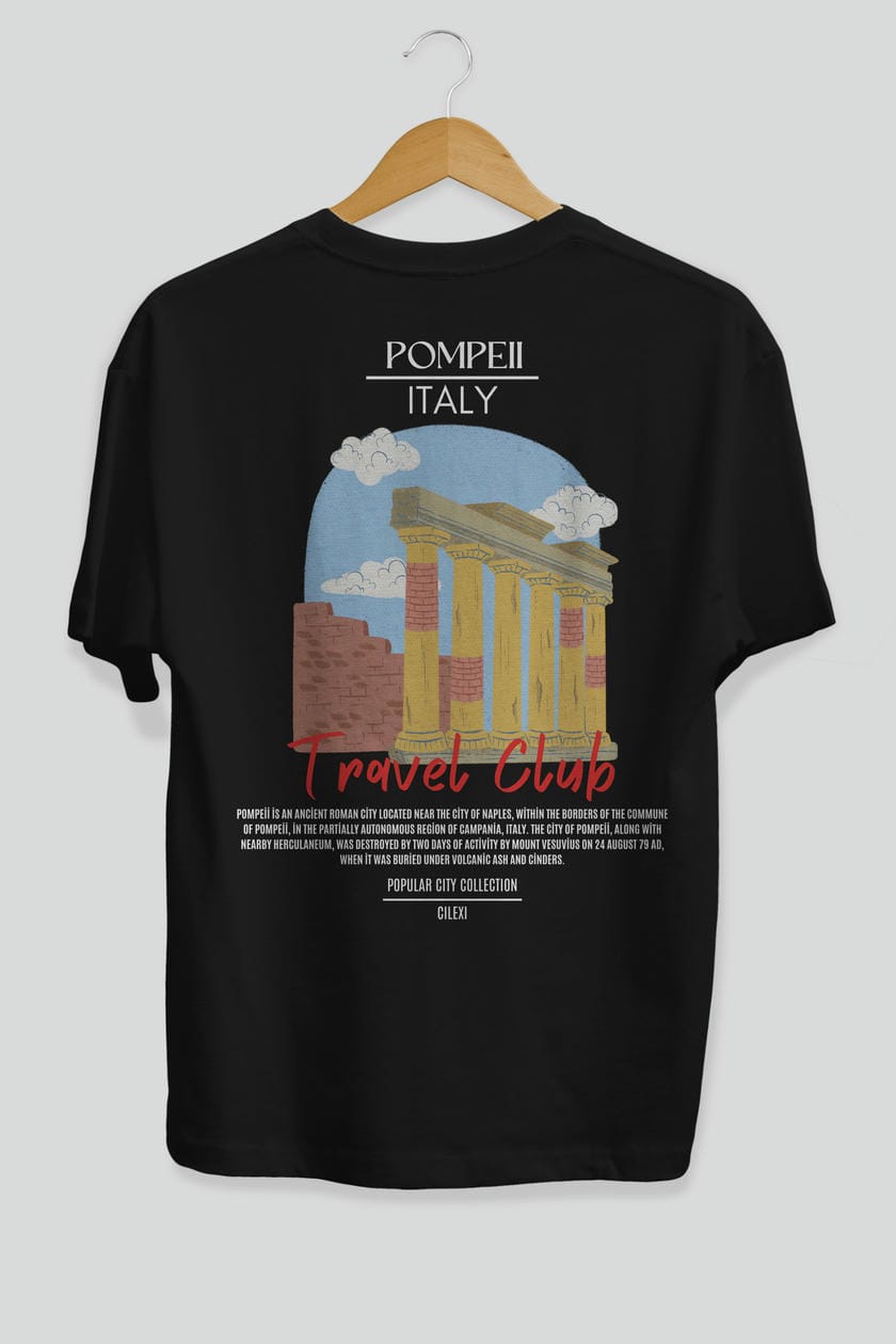 Pompeii İtaly Arka Baskılı Oversize t-shirt Erkek Kadın Pamuk Bisiklet Yaka tişort