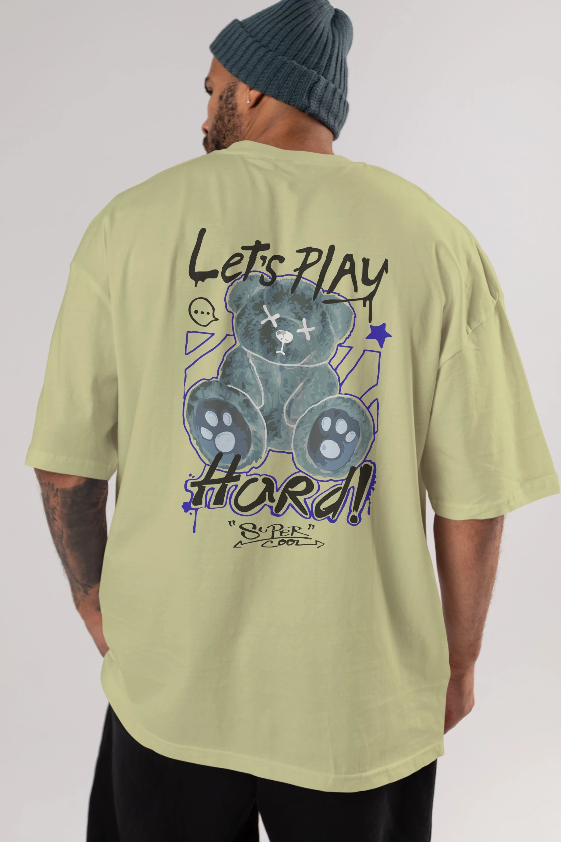Lets Play Hard Bear Arka Baskılı Oversize t-shirt Erkek Kadın Unisex
