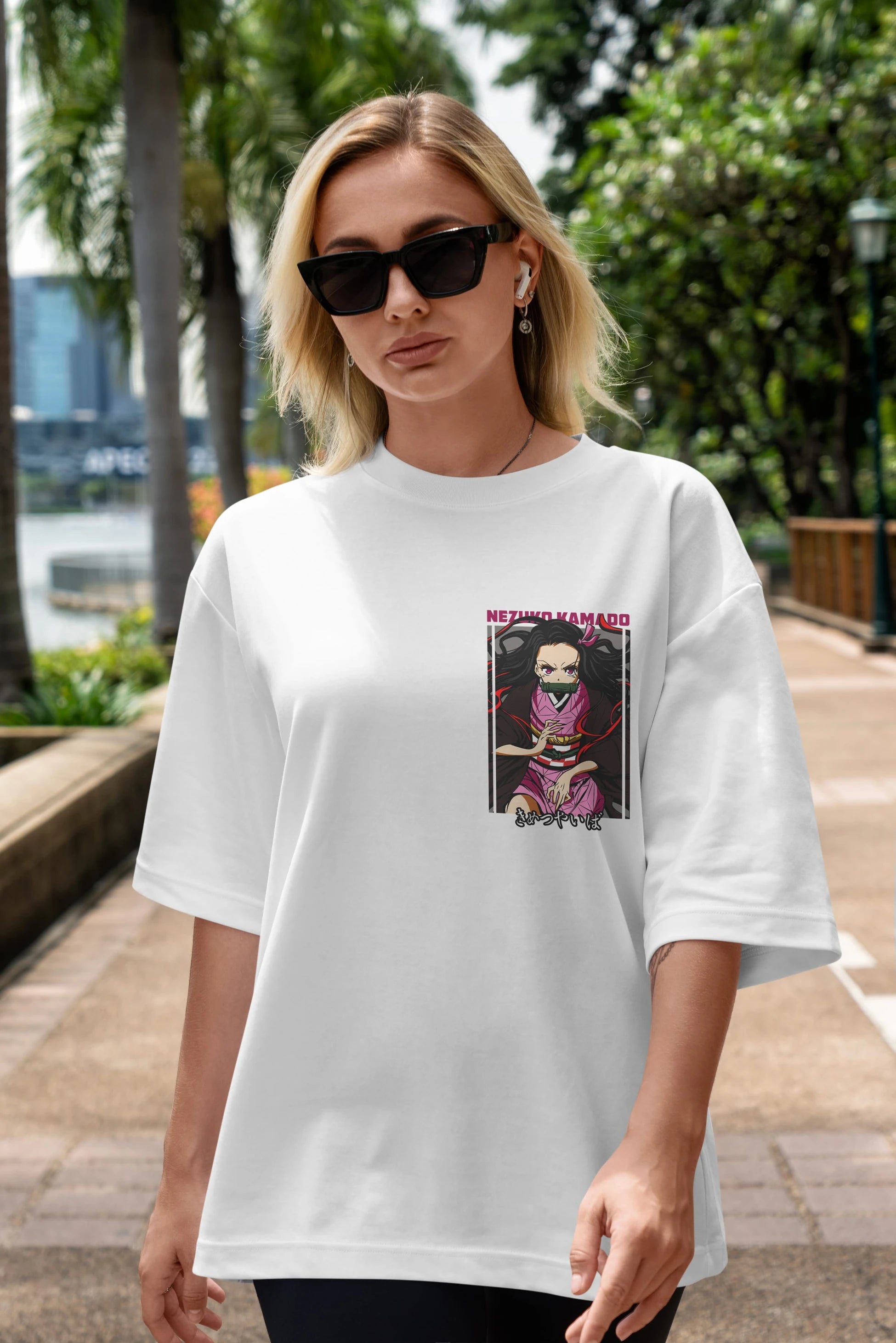 Nezuko Kamado 1 Ön Sol Baskılı Oversize t-shirt Erkek Kadın Unisex %100 Pamuk Bisiklet Yaka tişort