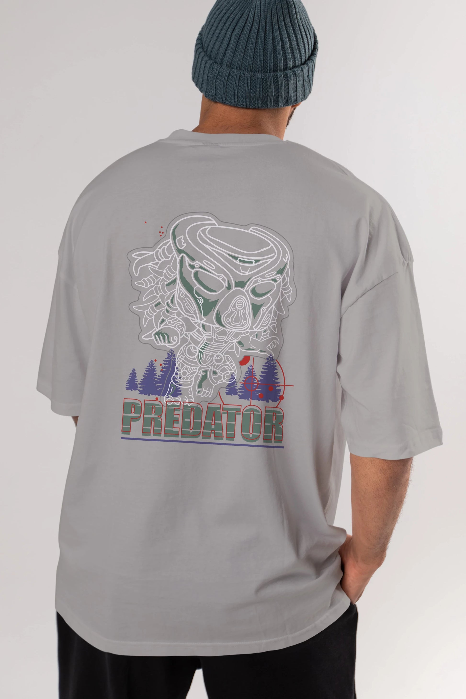 Predator Arka Baskılı Oversize t-shirt Erkek Kadın Unisex %100 Pamuk Bisiklet Yaka tişort